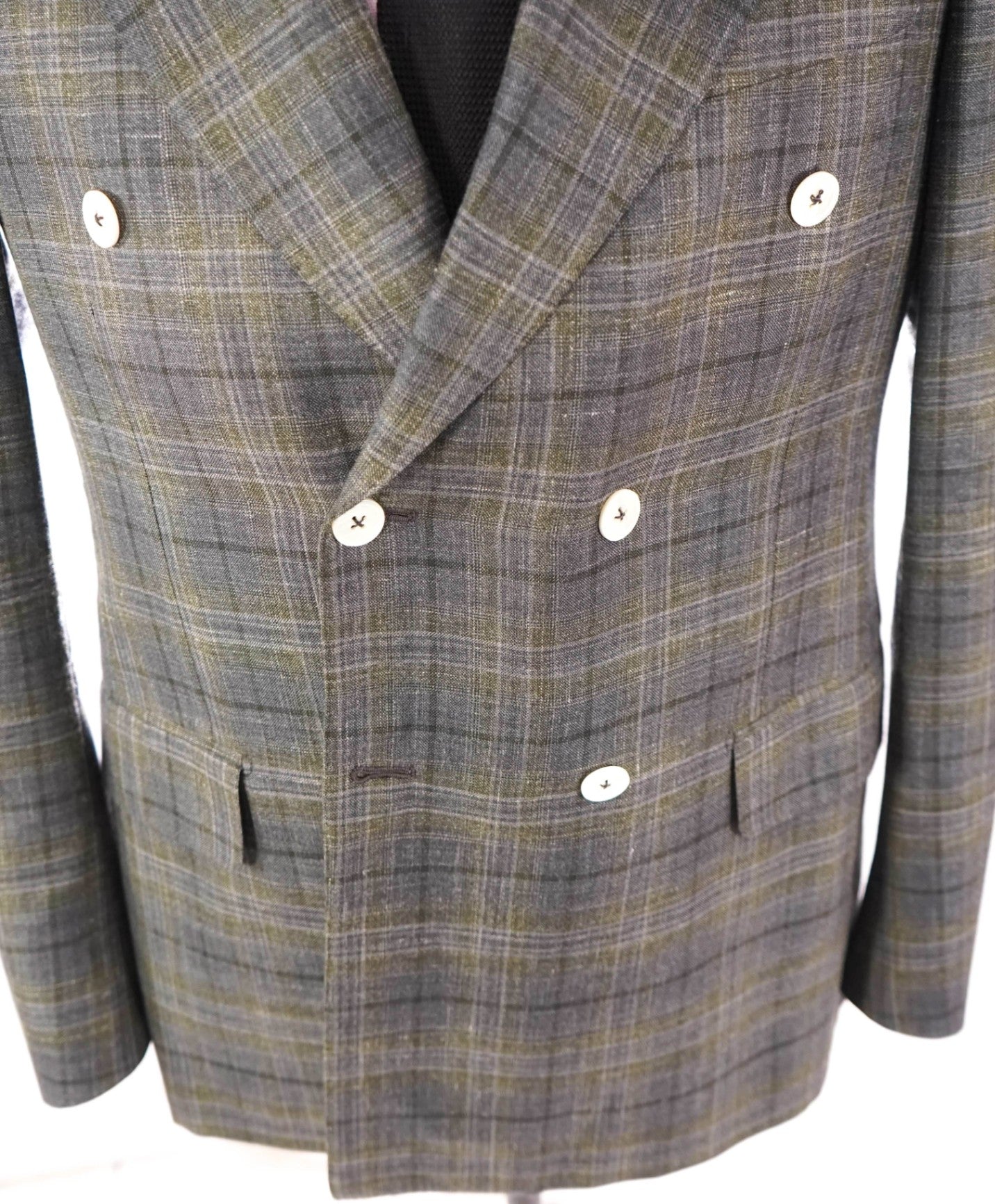 $5,225 ISAIA - Green Cashmere/Silk/Linen Double Breasted Blazer -38R