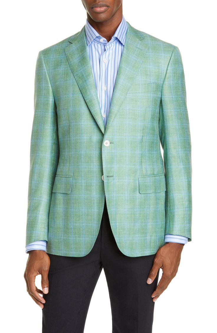$2,195 CANALI - Green & Blue Plaid Wool/Silk/Linen Blazer - 44L