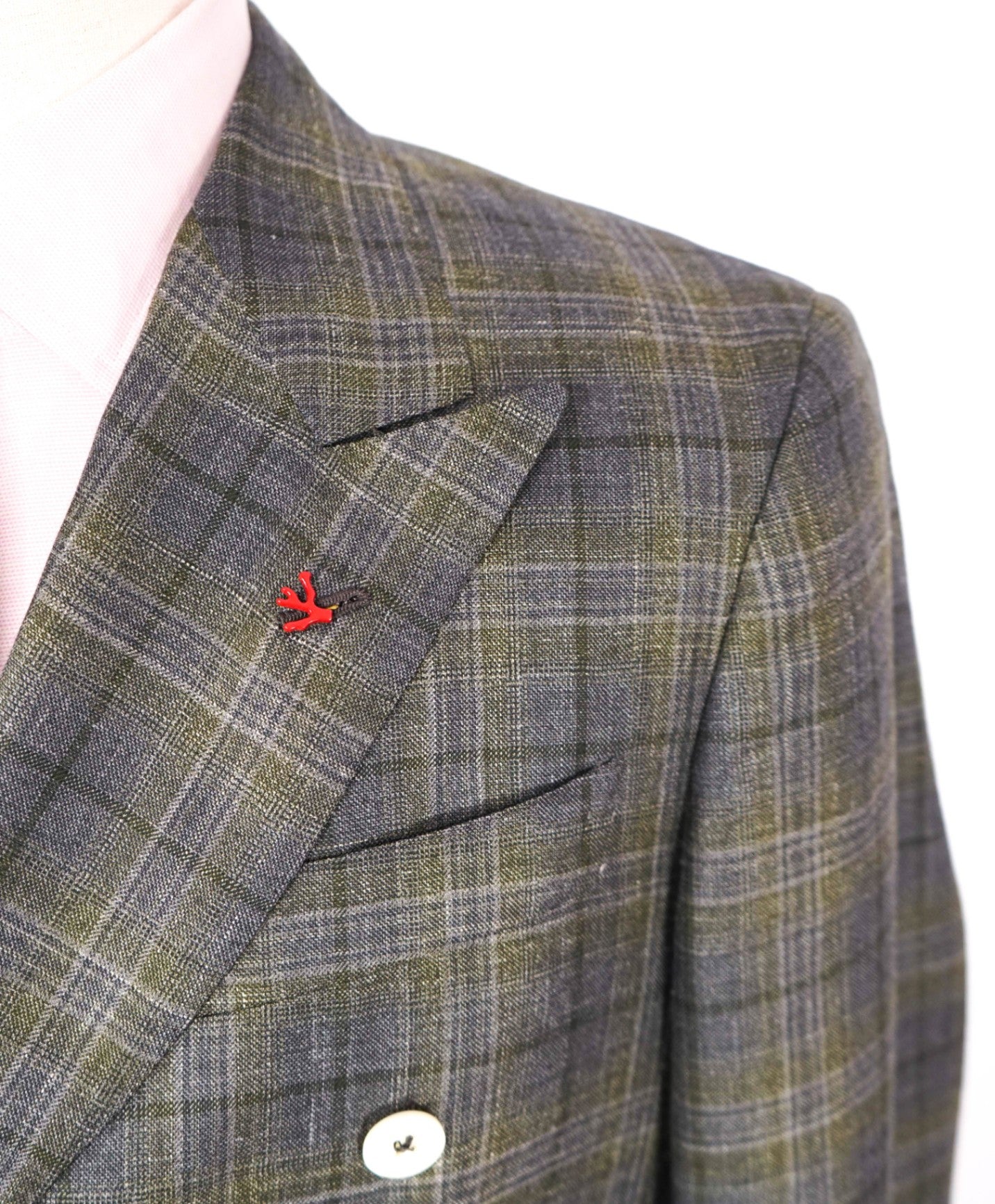 $5,225 ISAIA - Green Cashmere/Silk/Linen Double Breasted Blazer -38R