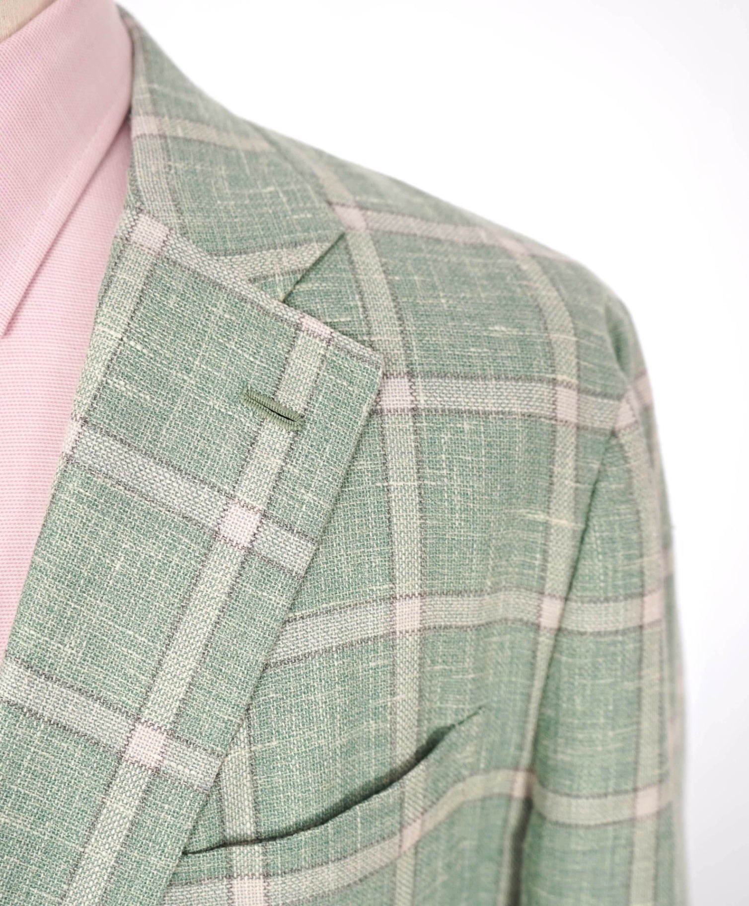 $4,295 ISAIA - Green Windowpane Check Wool/Silk/Linen Blazer - 46R
