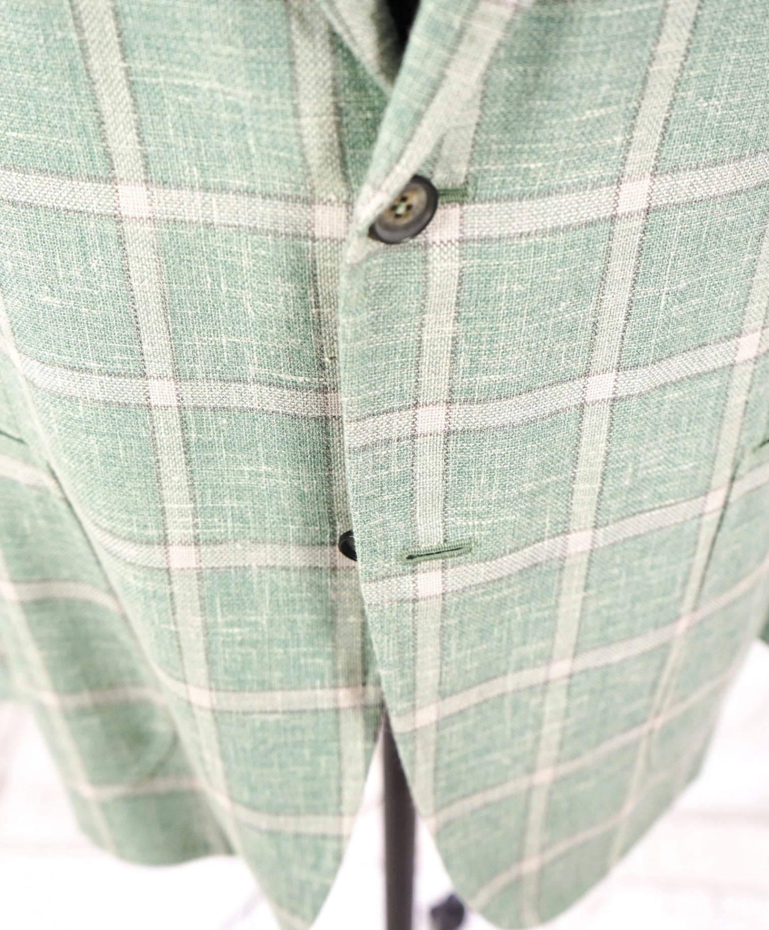 $4,295 ISAIA - Green Windowpane Check Wool/Silk/Linen Blazer - 46R