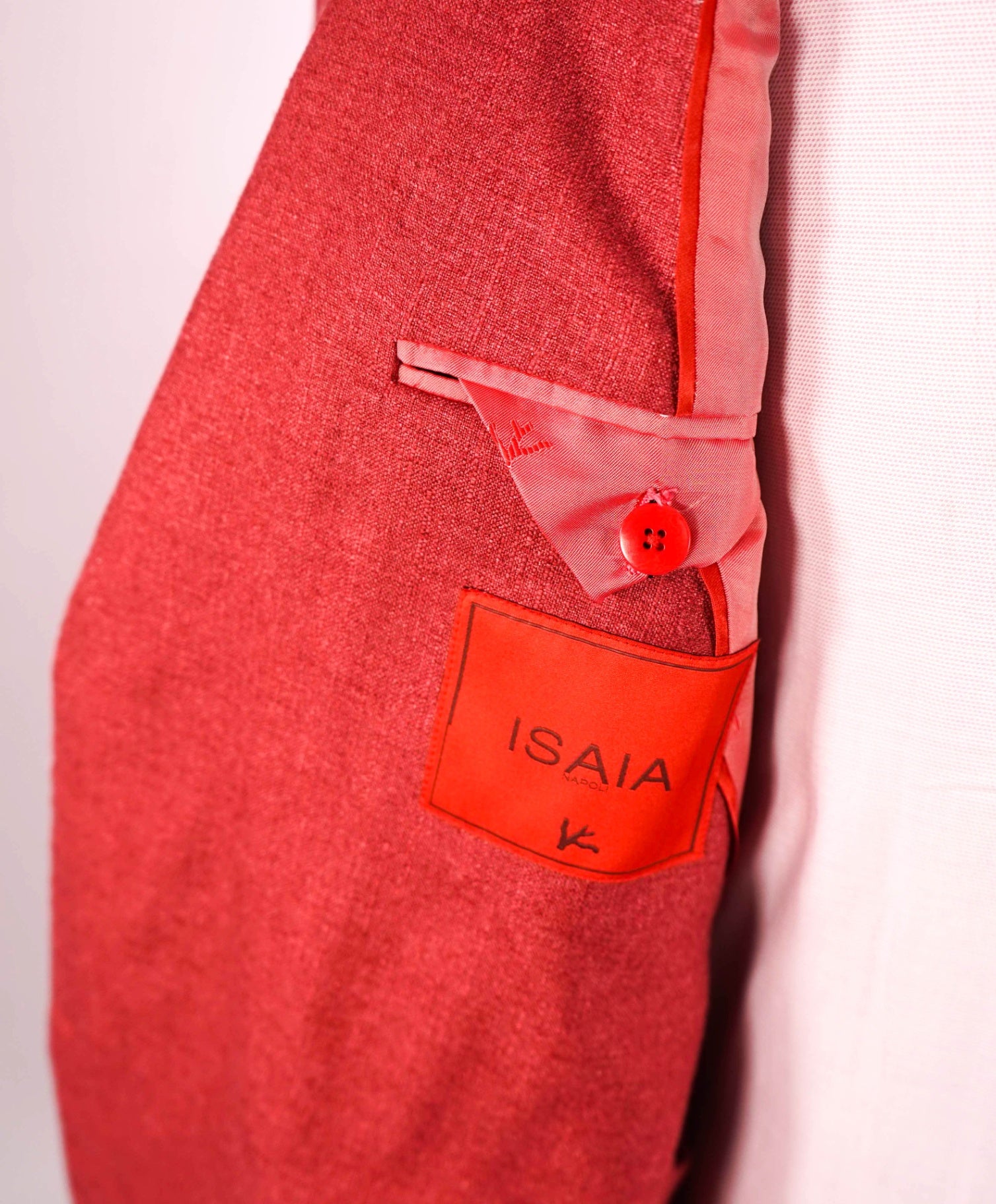 $4,695 ISAIA - Solid Coral Red Silk/ 48% Cashmere Blazer - 44L