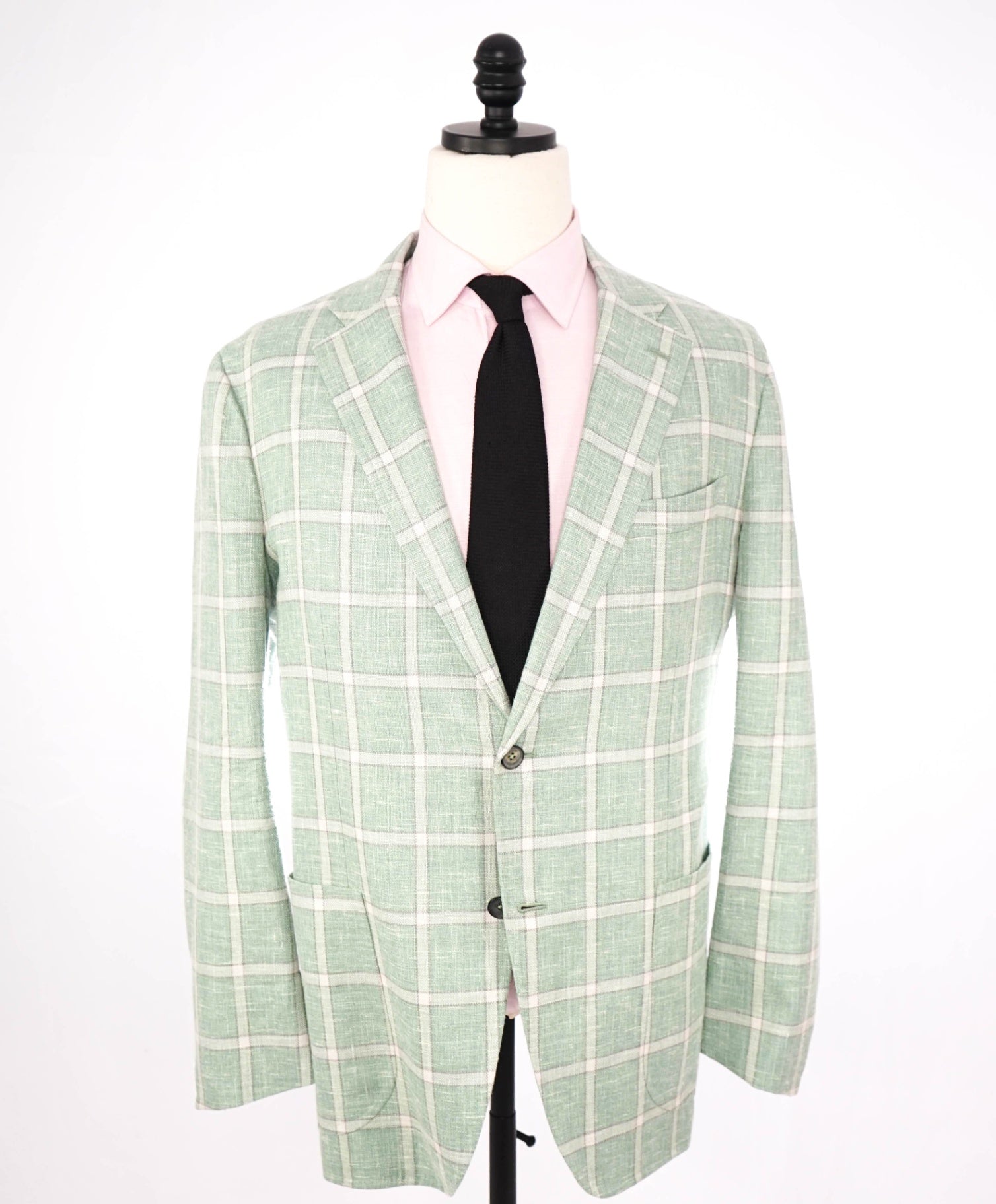 $4,295 ISAIA - Green Windowpane Check Wool/Silk/Linen Blazer - 46R
