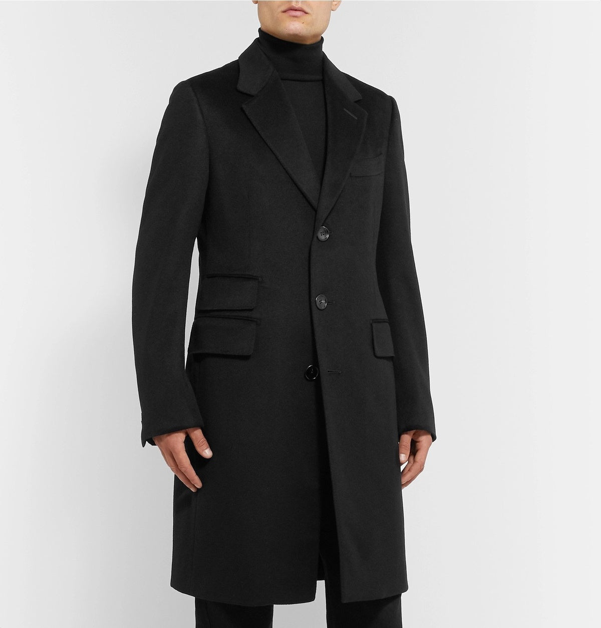 $7,990 TOM FORD - Solid Black 100% Cashmere Top Coat - 44R