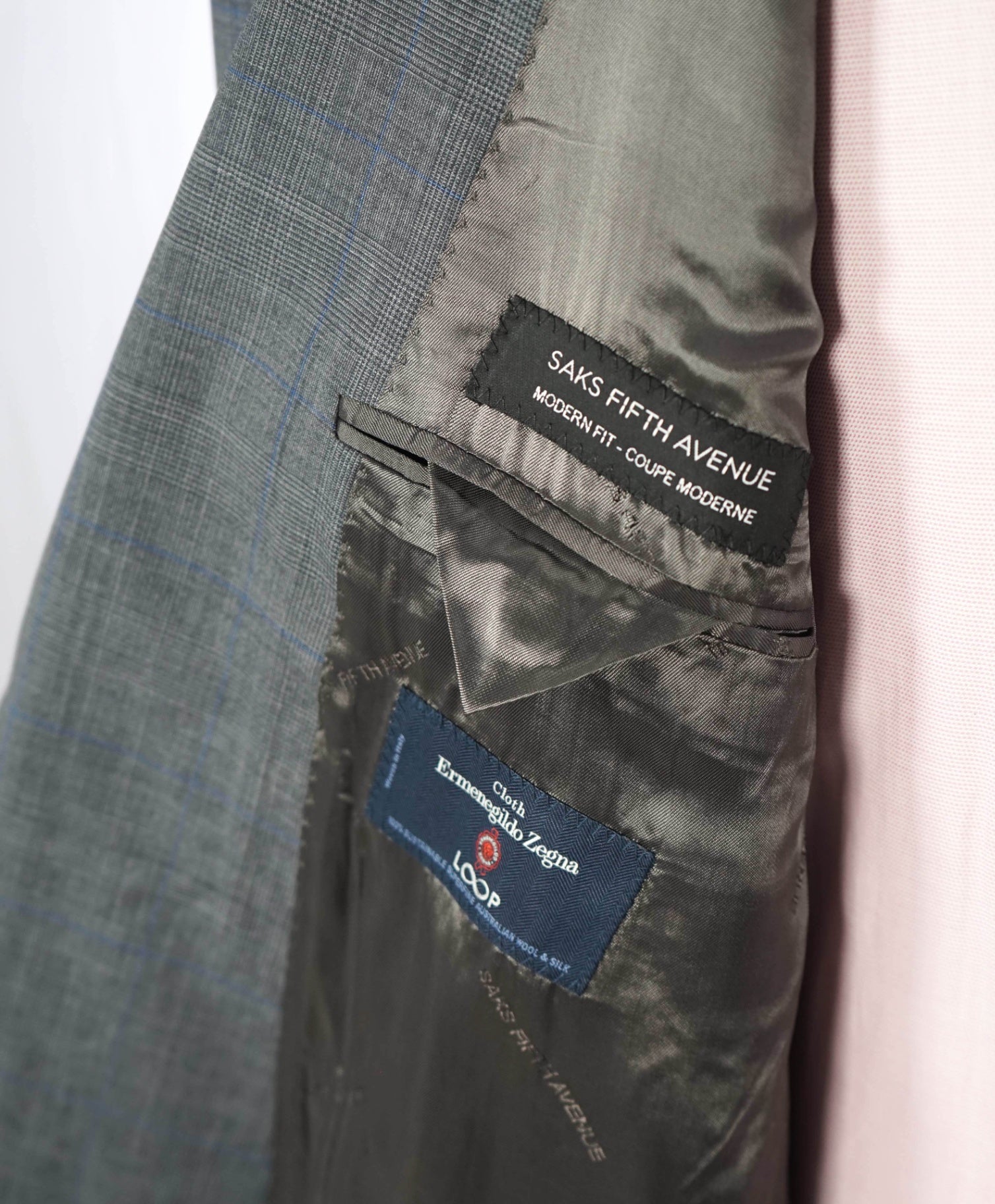 $995 ZEGNA For SAKS 5TH AVE - Modern Fit Gray Check Wool/Silk Blazer -48R