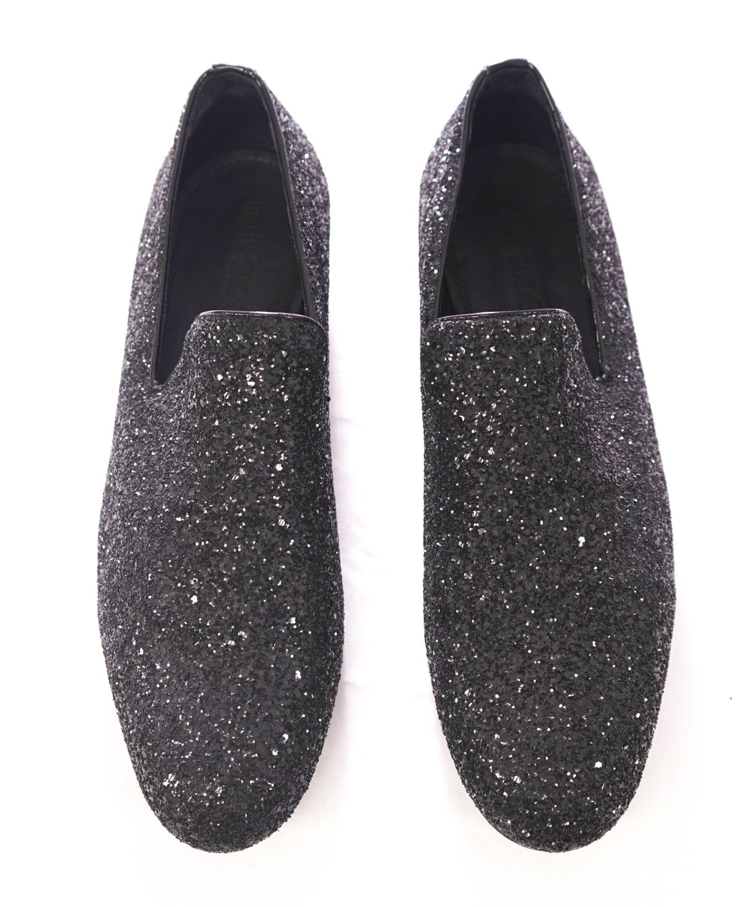 $900 JIMMY CHOO - Black Glitter Fabric Loafers - US 11 (44EU)