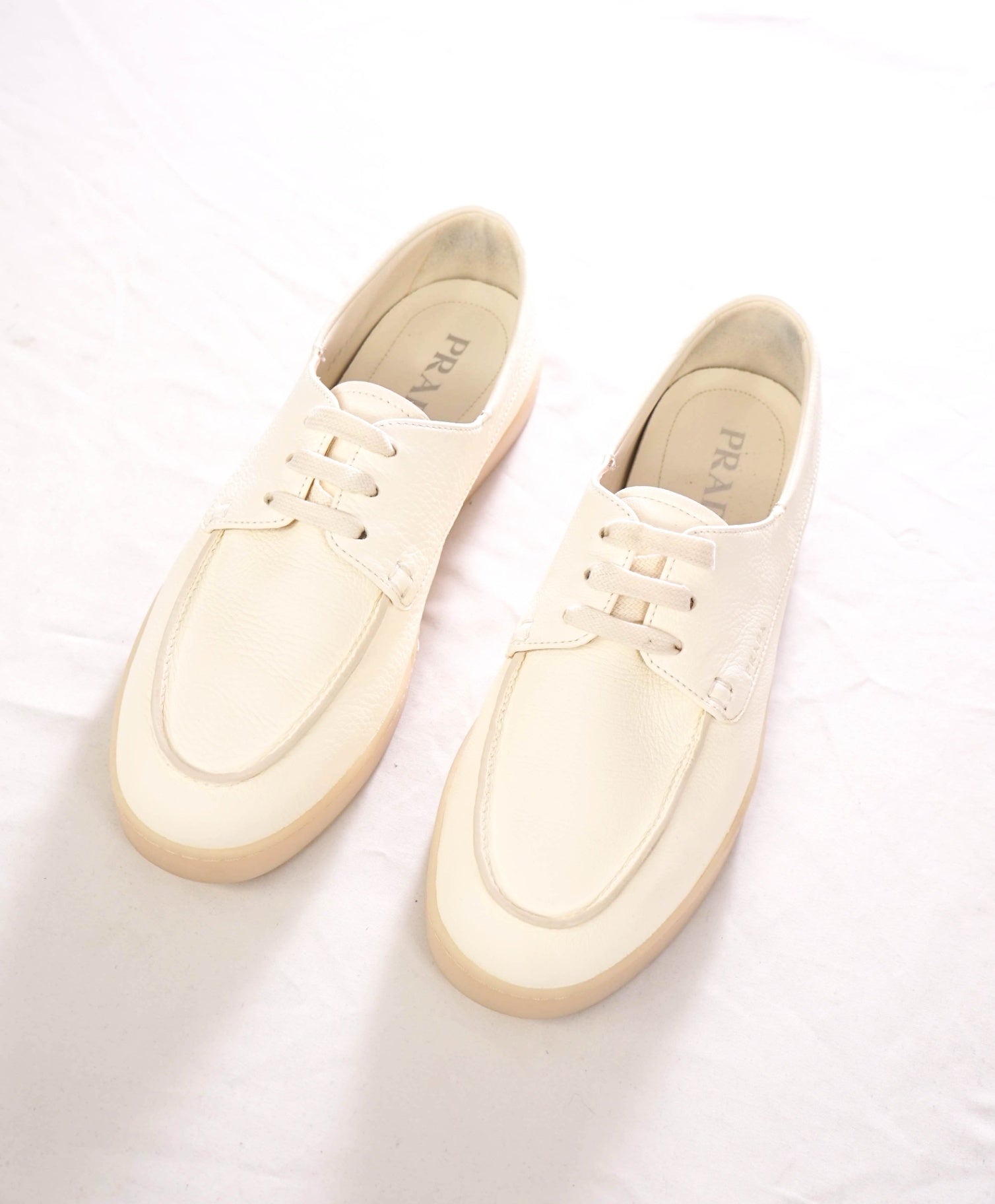 $1,020 PRADA - Off-White Leather Boat Shoes - US 8 (UK7)