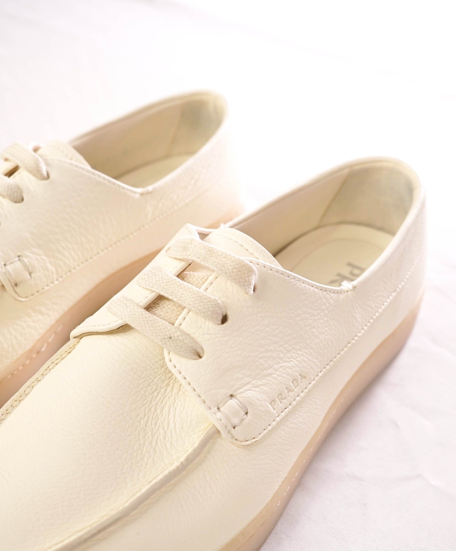 $1,020 PRADA - Off-White Leather Boat Shoes - US 8 (UK7)