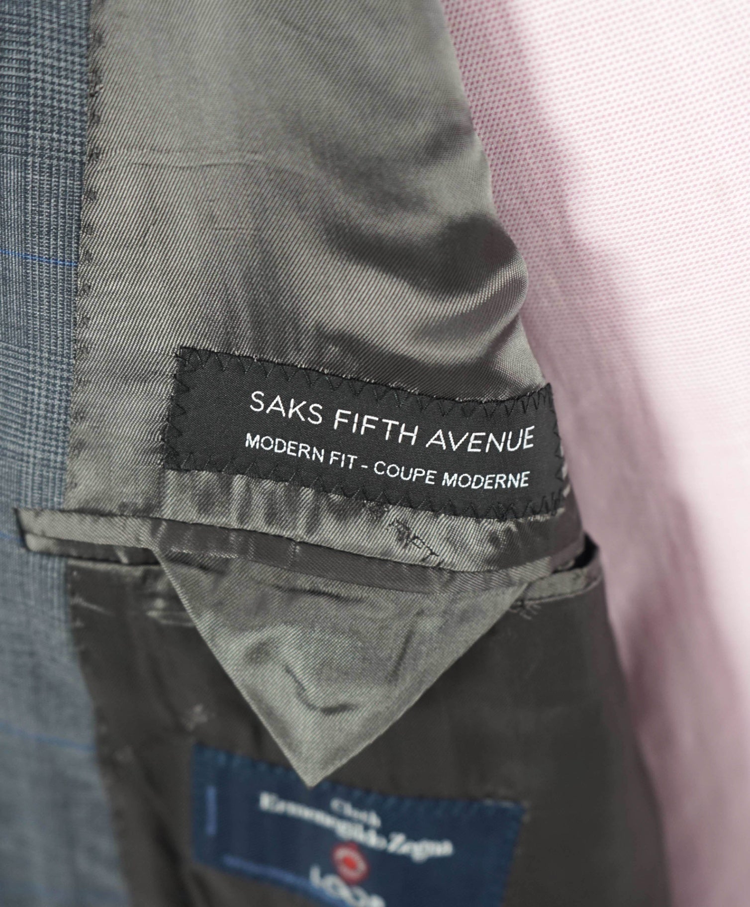 $995 ZEGNA For SAKS 5TH AVE - Modern Fit Gray Check Wool/Silk Blazer -48R