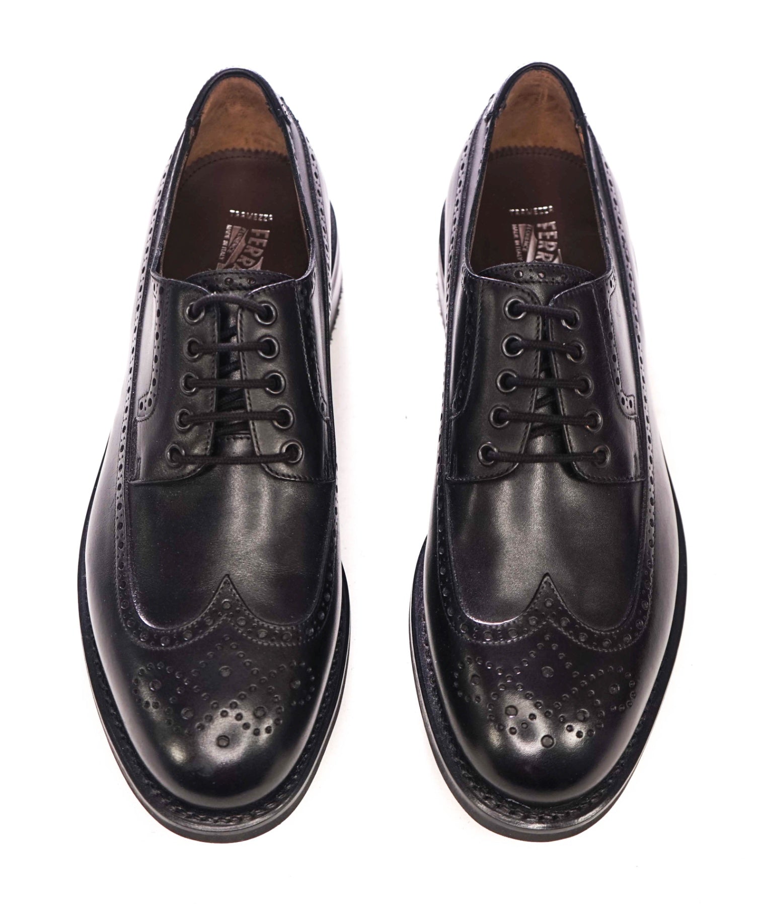 $1,250 FERRAGAMO - "TRAMEZZA" Black Wingtip Leather Derby - 11 D