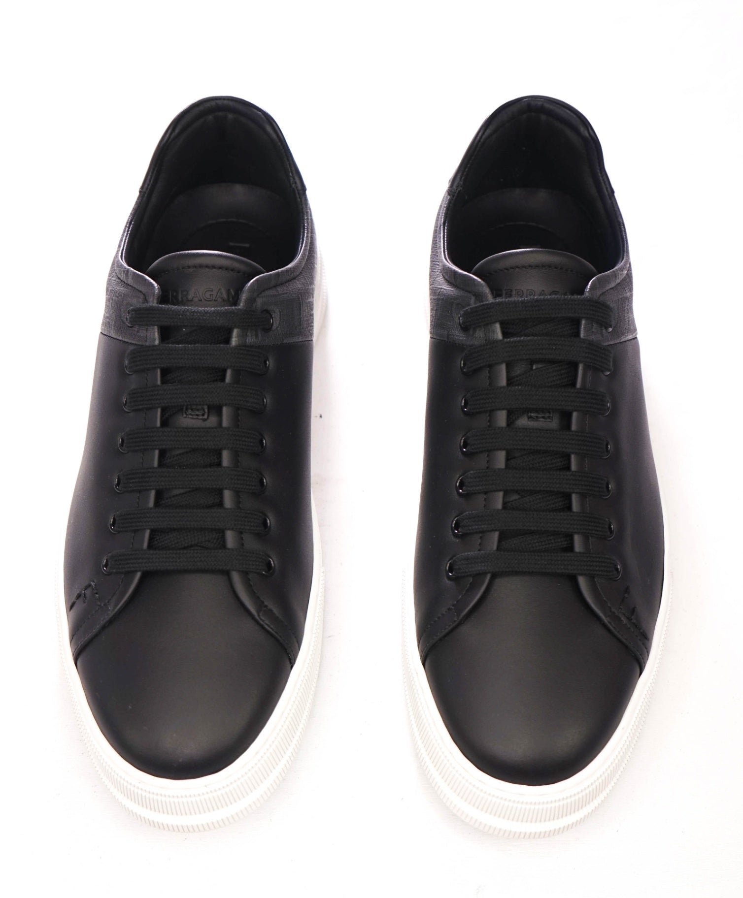 $750 FERRAGAMO - Black/Gray w Logo Leather Sneakers - 12 M