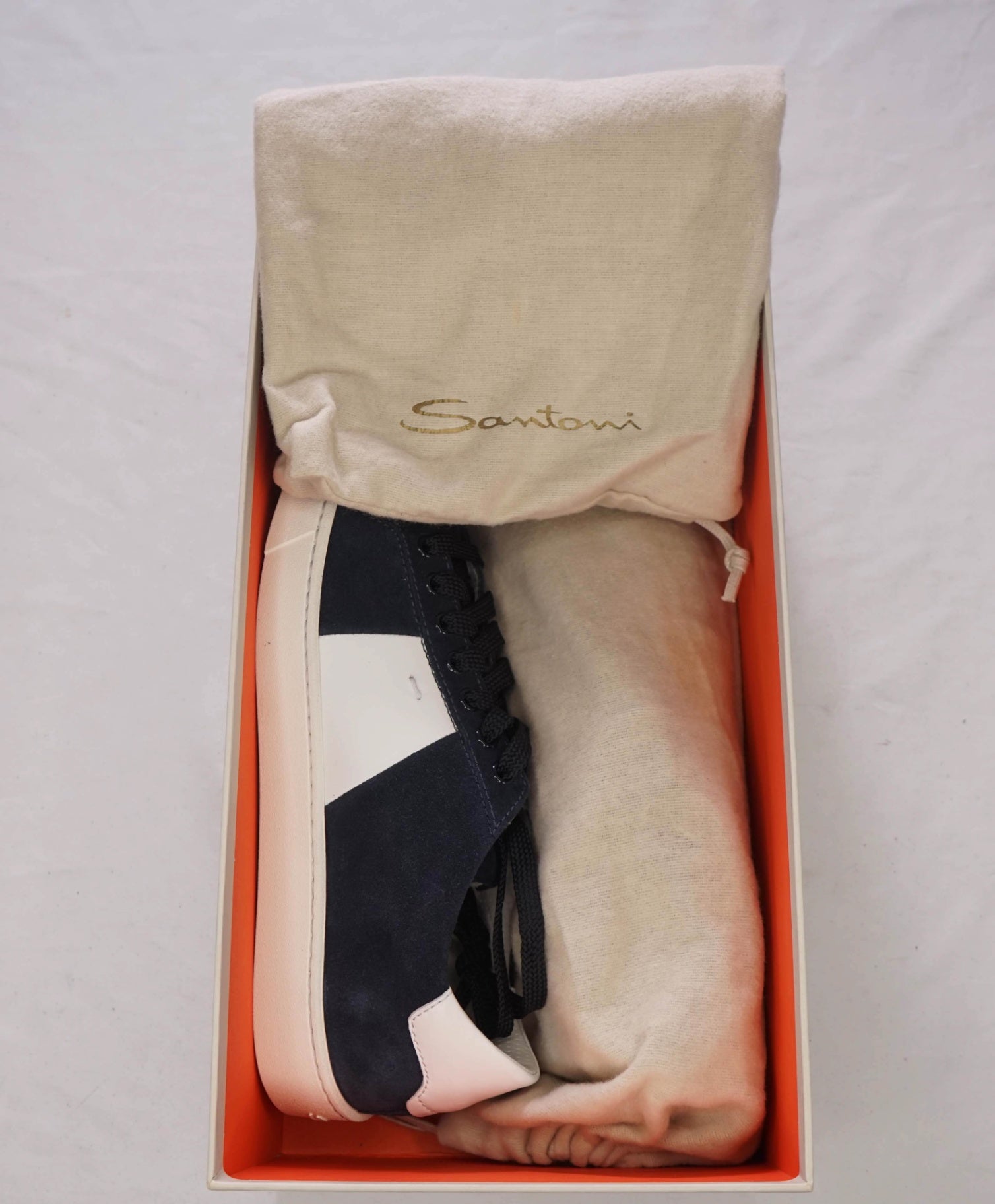 $795 SANTONI - Navy Blue Suede/Leather Sneakers - US 7 (6UK)