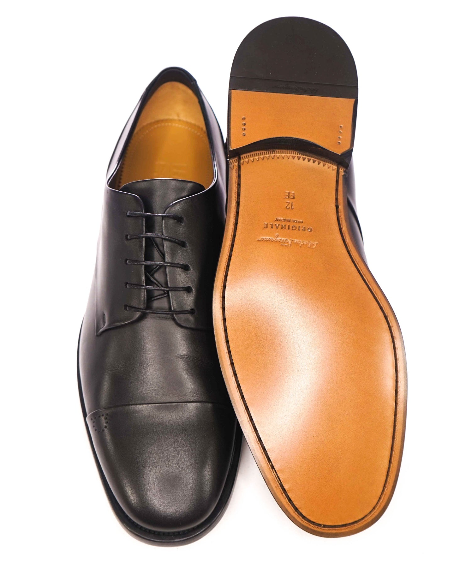 $895 FERRAGAMO - Black Leather "GAVINO" Logo Derby - 12 EE
