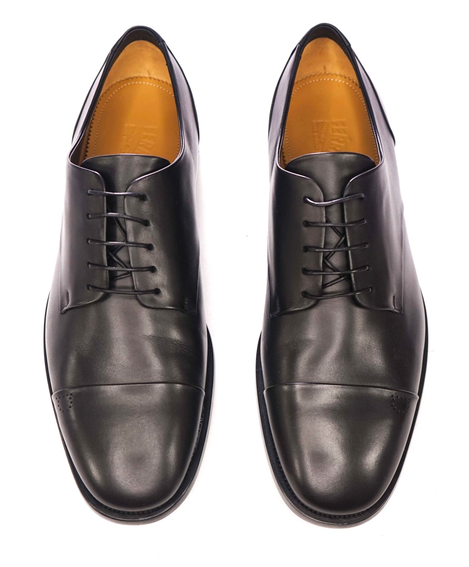 $895 FERRAGAMO - Black Leather "GAVINO" Logo Derby - 12 EE