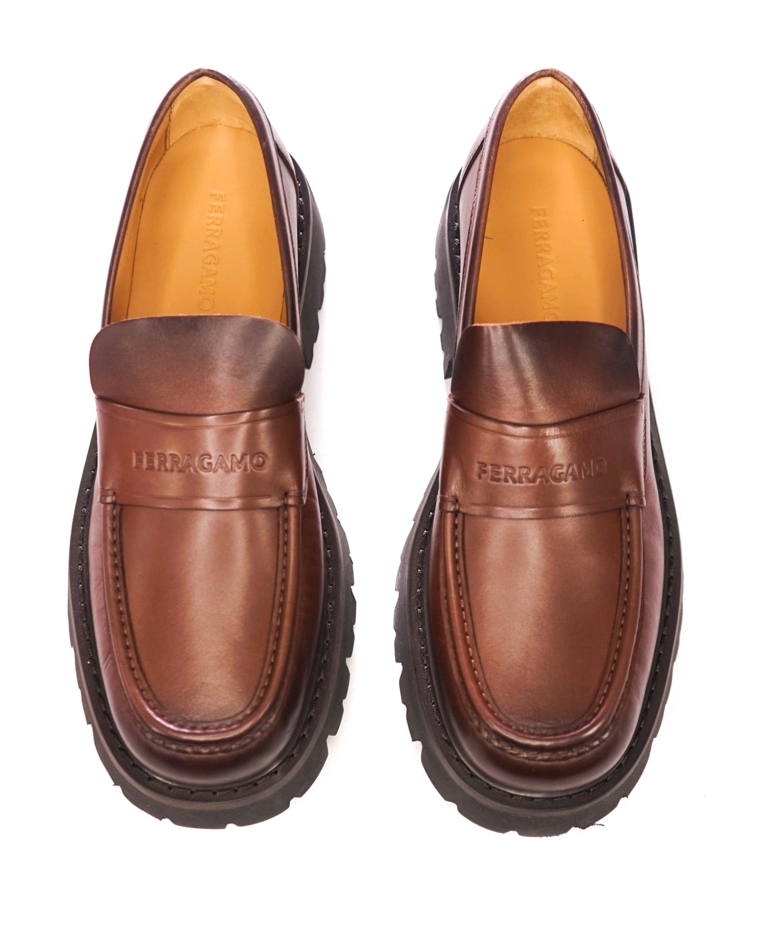 $995 FERRAGAMO - Leather Brown "FERGAL" Lug Sole Loafers - 9.5 EE