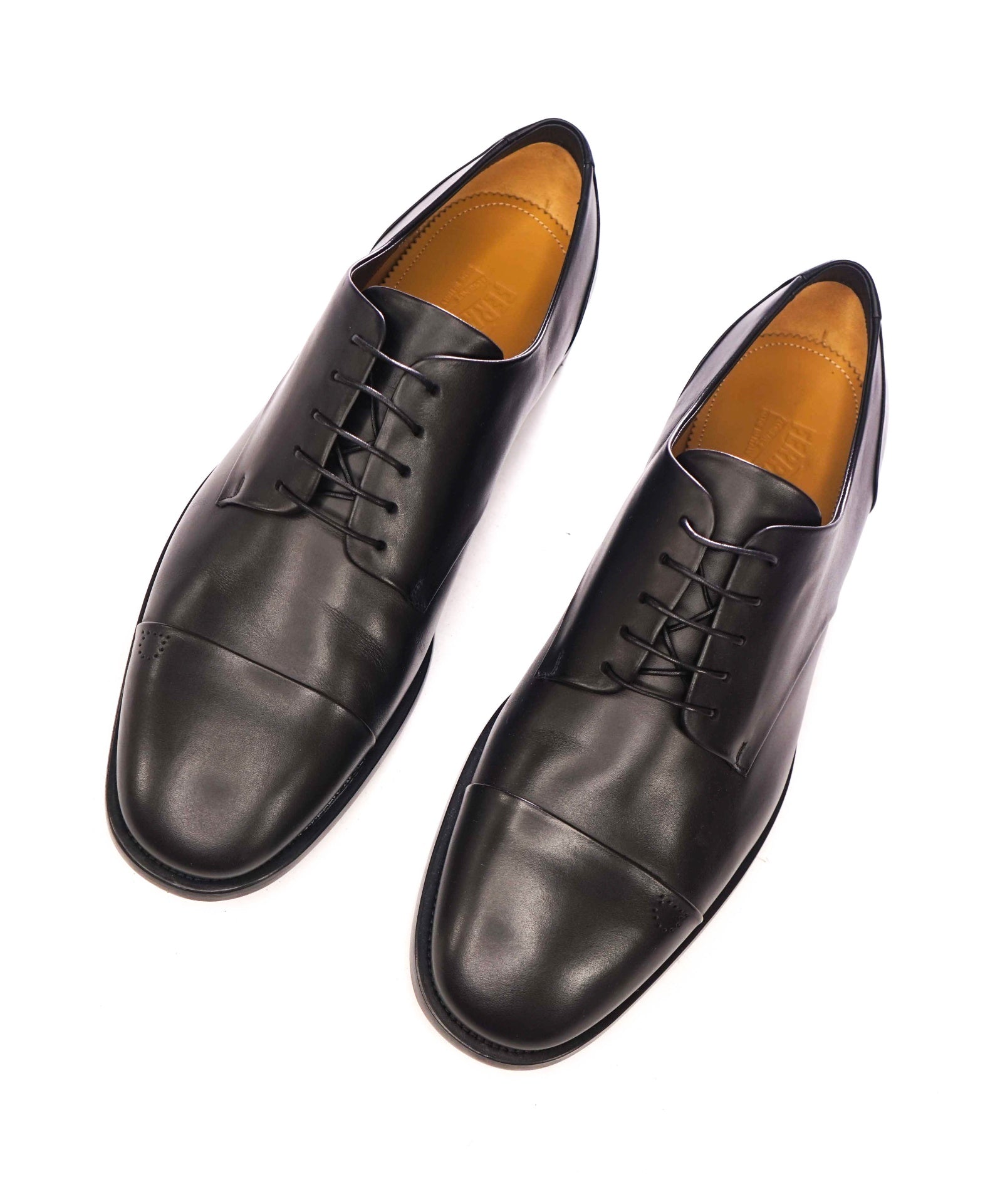 $895 FERRAGAMO - Black Leather "GAVINO" Logo Derby - 12 EE