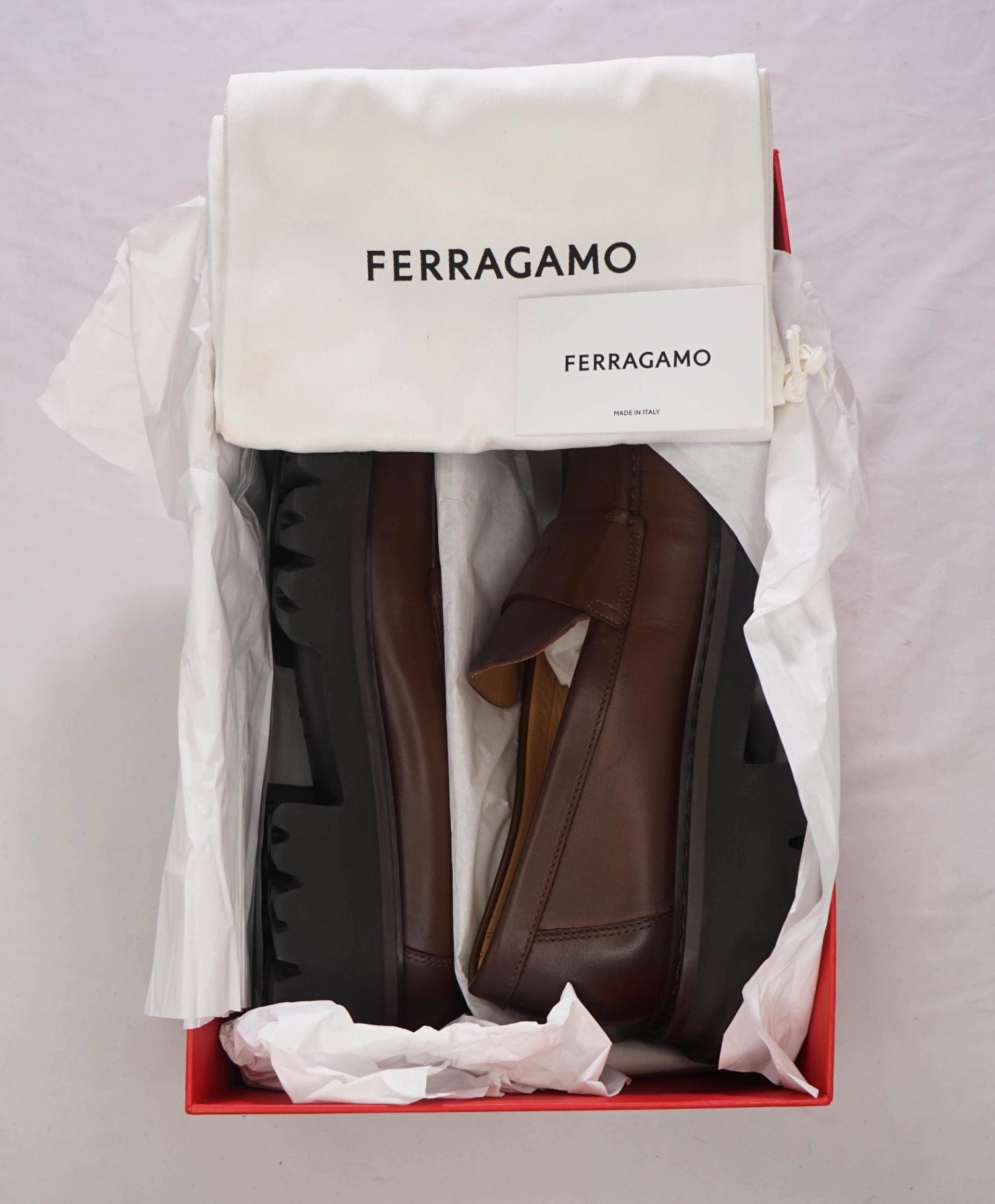 $995 FERRAGAMO - Leather Brown "FERGAL" Lug Sole Loafers - 9.5 EE