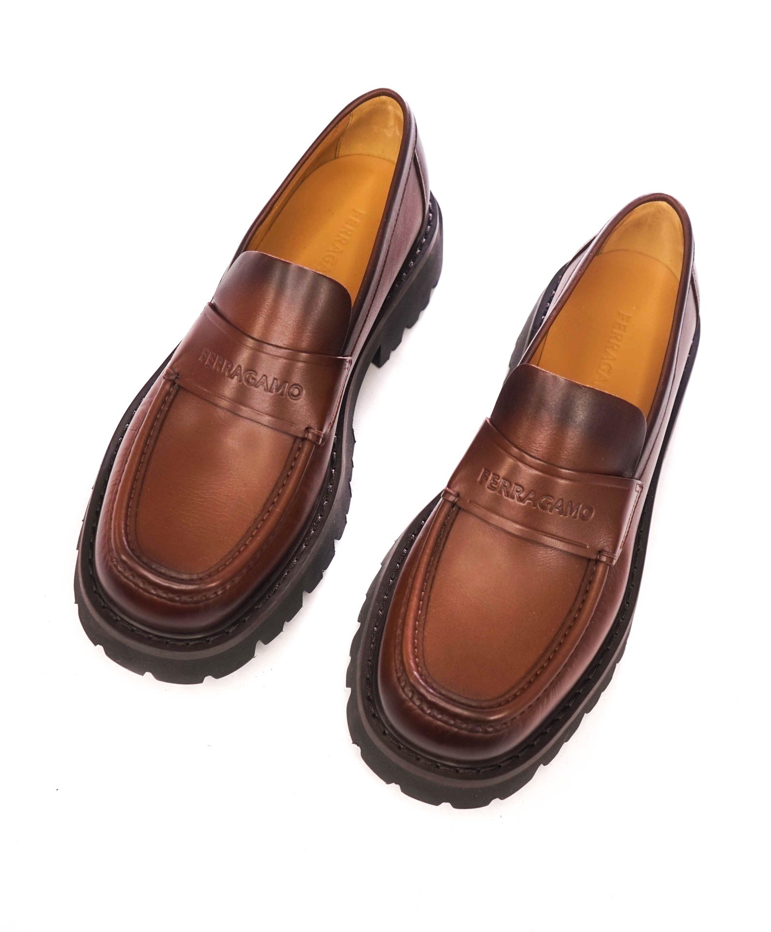 $995 FERRAGAMO - Leather Brown "FERGAL" Lug Sole Loafers - 10 EE