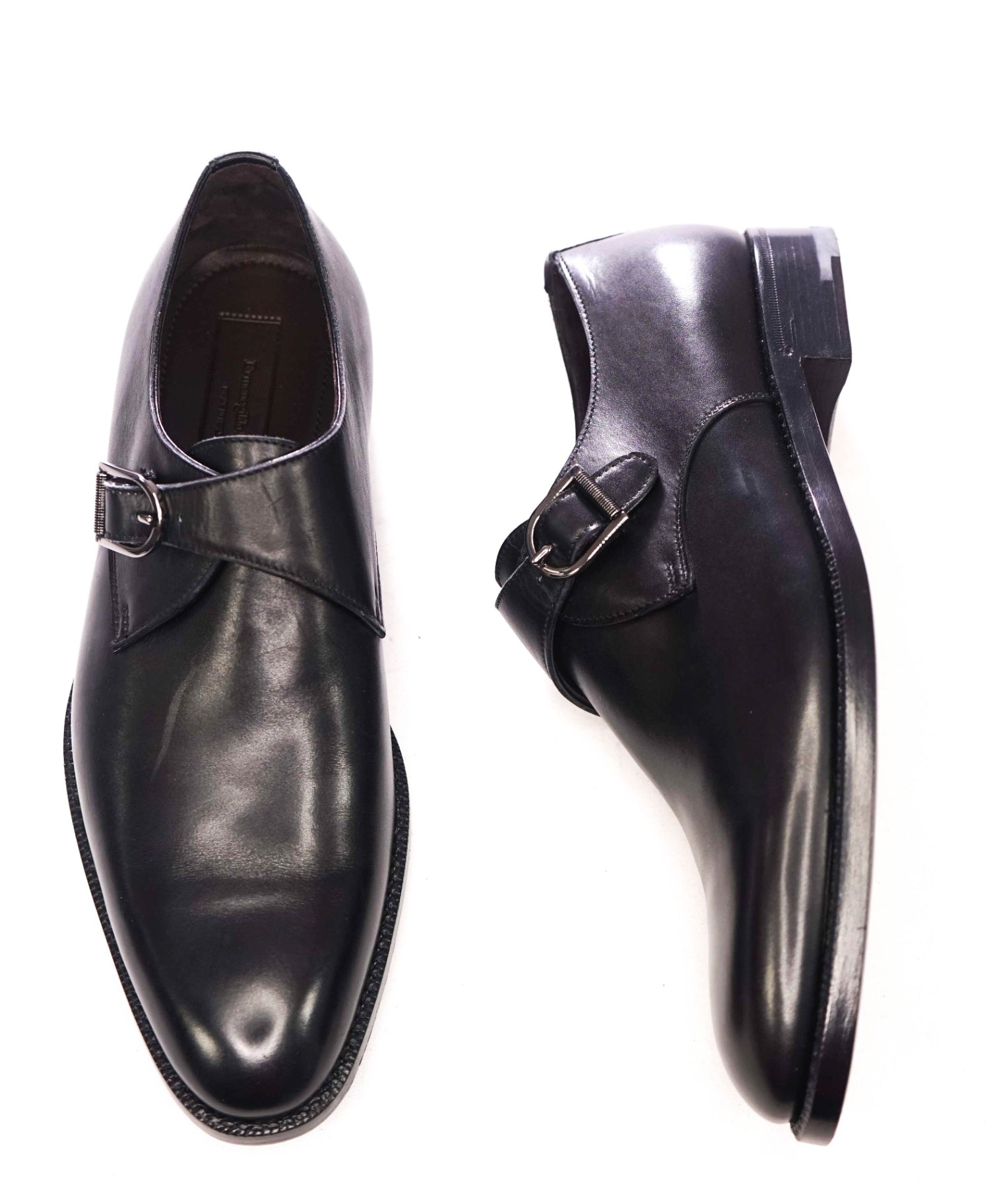 $850 ZEGNA - Black Leather Single Monk Loafers - US 7.5 (6.5UK)