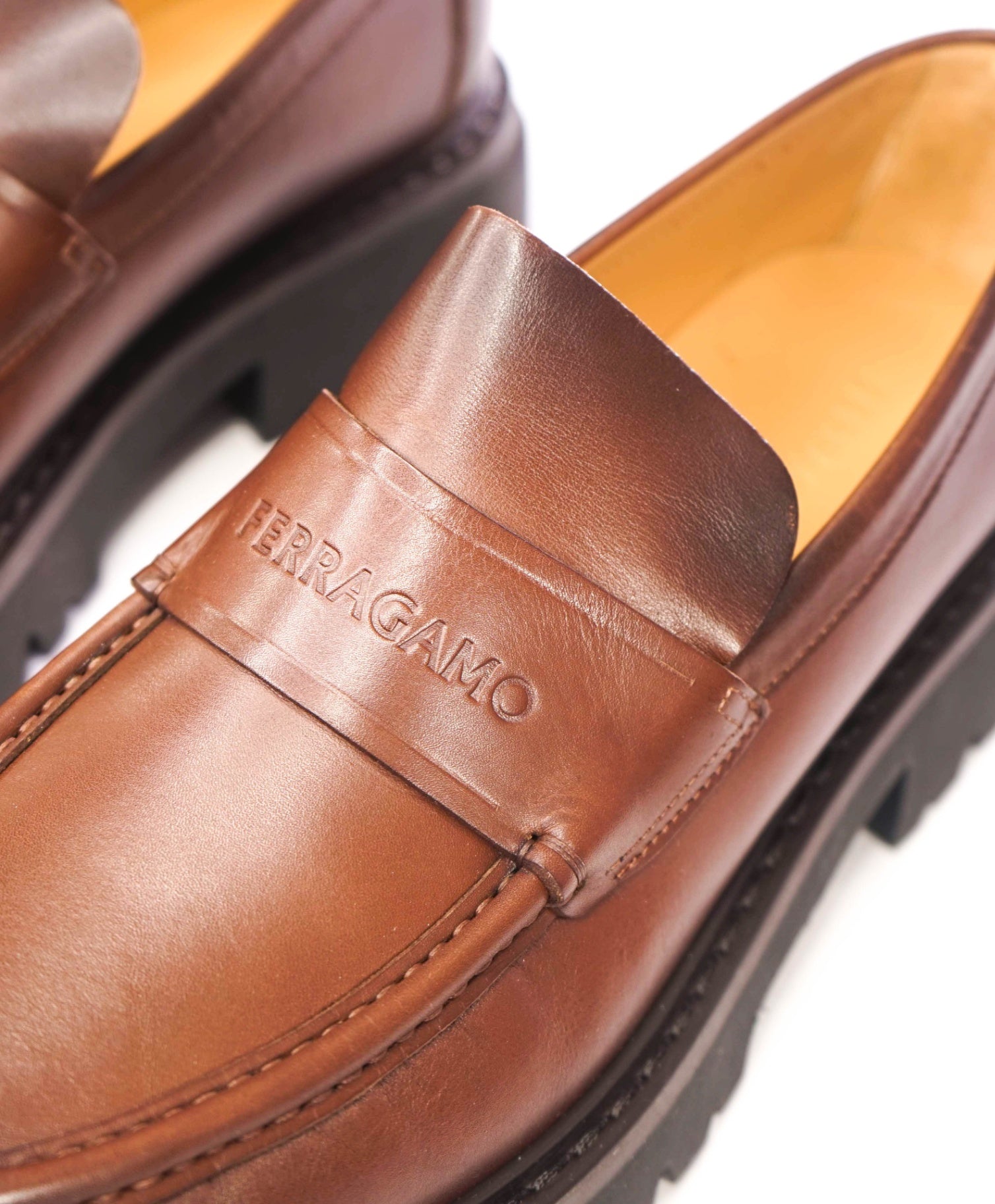 $995 FERRAGAMO - Leather Brown "FERGAL" Lug Sole Loafers - 9.5 EE