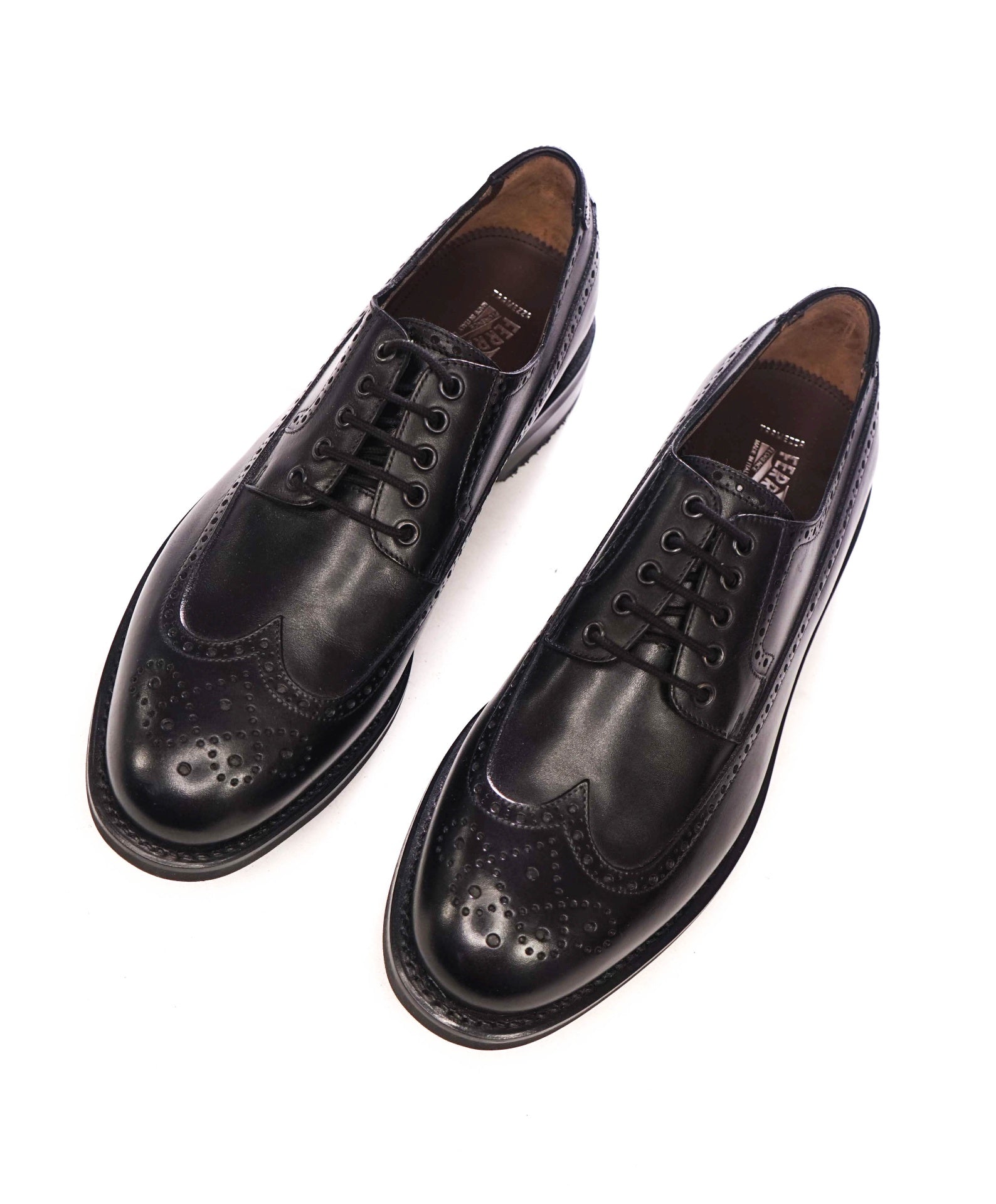 $1,250 FERRAGAMO - "TRAMEZZA" Black Wingtip Leather Derby - 11 D