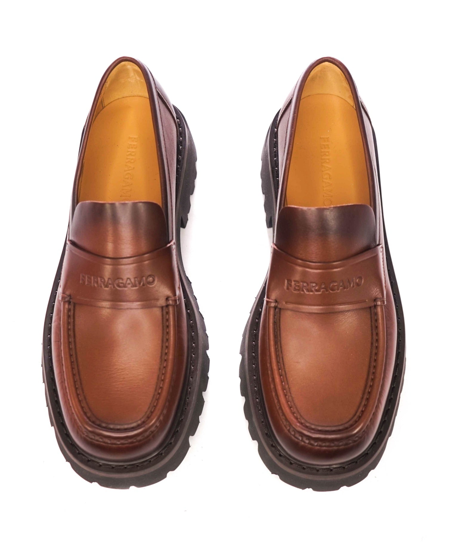 $995 FERRAGAMO - Leather Brown "FERGAL" Lug Sole Loafers - 10 EE