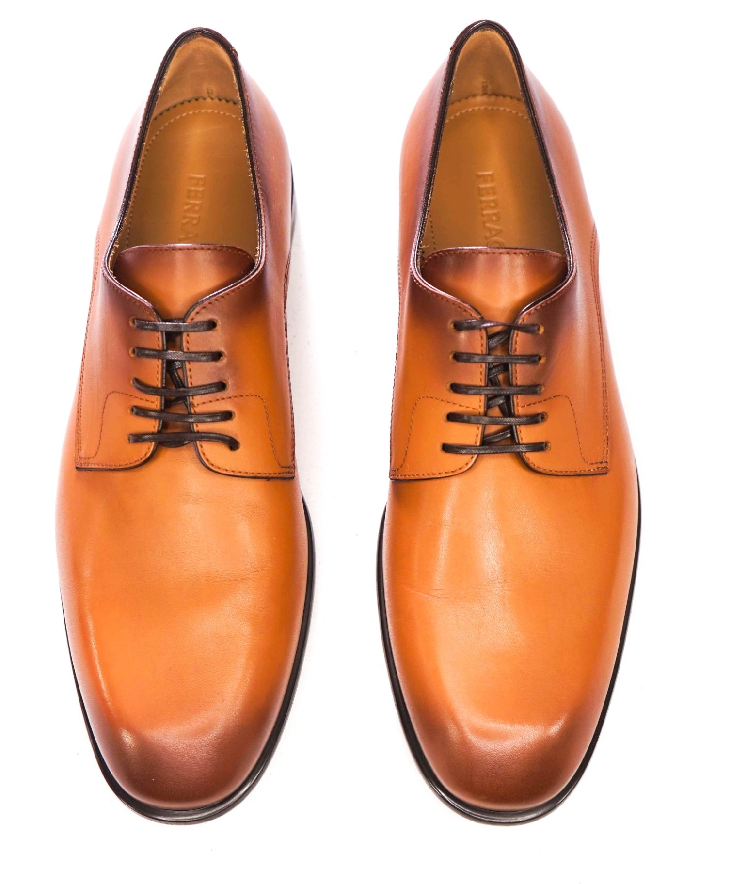 $880 FERRAGAMO - "FOSCO" Brown Patina Leather Derby - 9 D