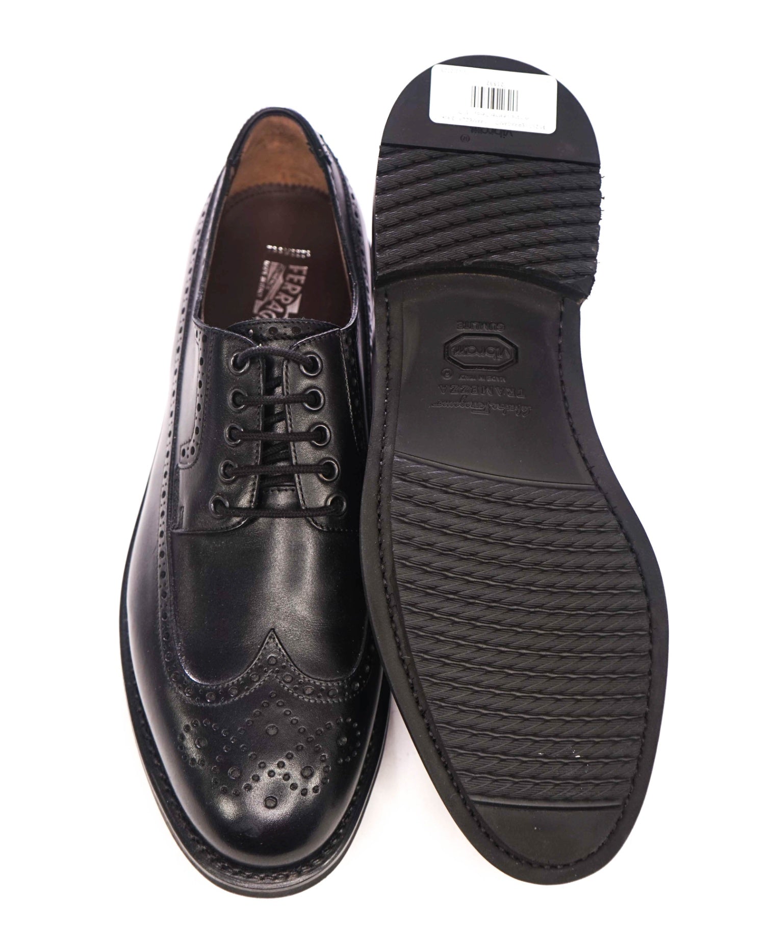 $1,250 FERRAGAMO - "TRAMEZZA" Black Wingtip Leather Derby - 11 D