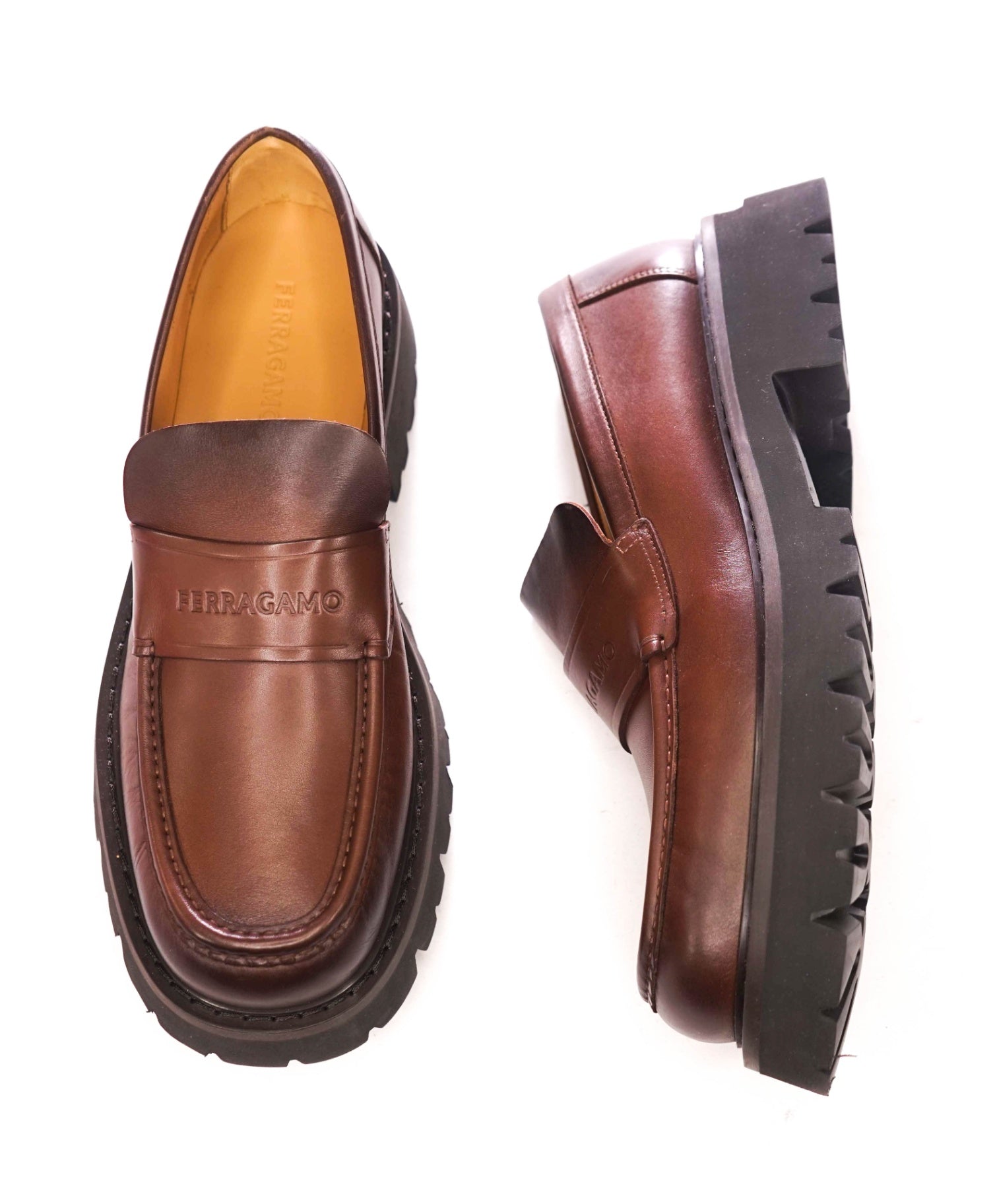 $995 FERRAGAMO - Leather Brown "FERGAL" Lug Sole Loafers - 12 EE
