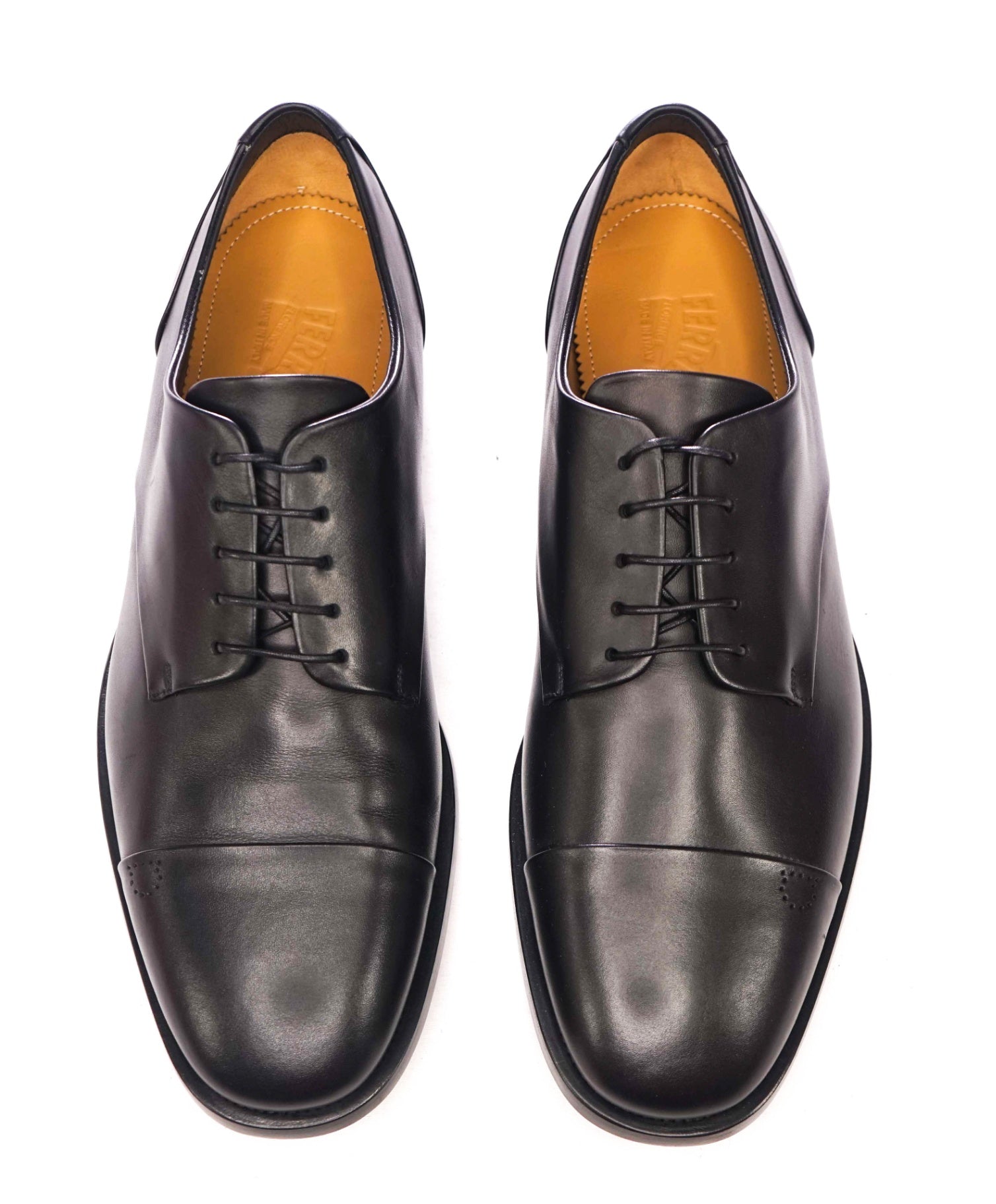 $895 FERRAGAMO - Black Leather "GAVINO" Logo Derby - 10.5 EE