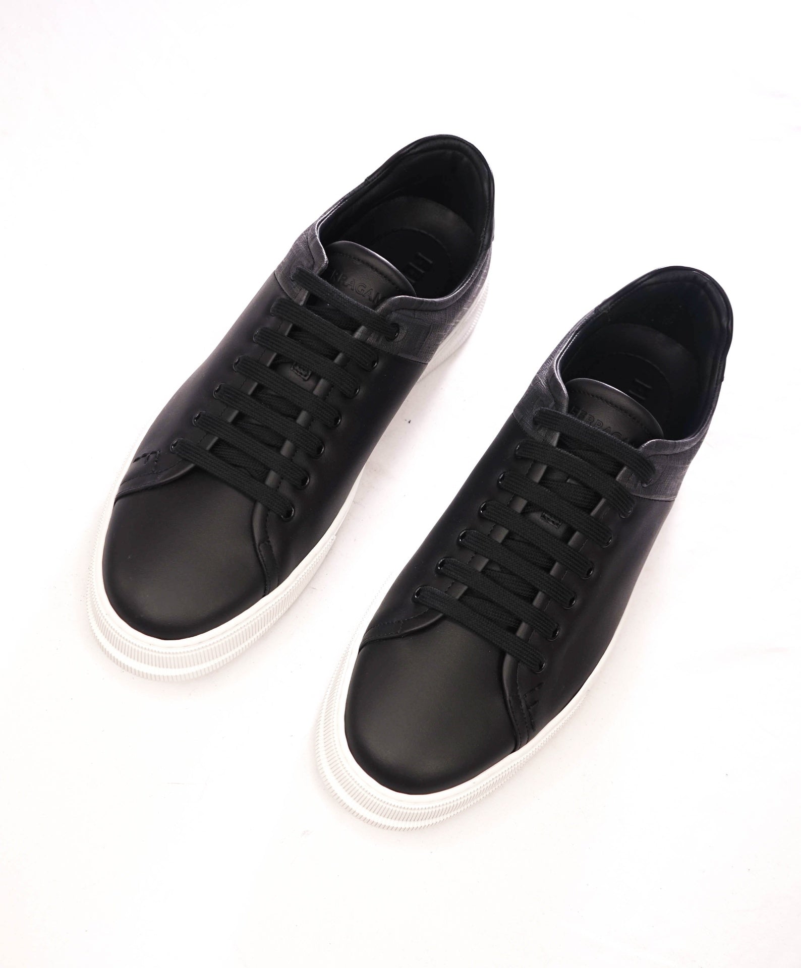 $750 FERRAGAMO - Black/Gray w Logo Leather Sneakers - 12 M
