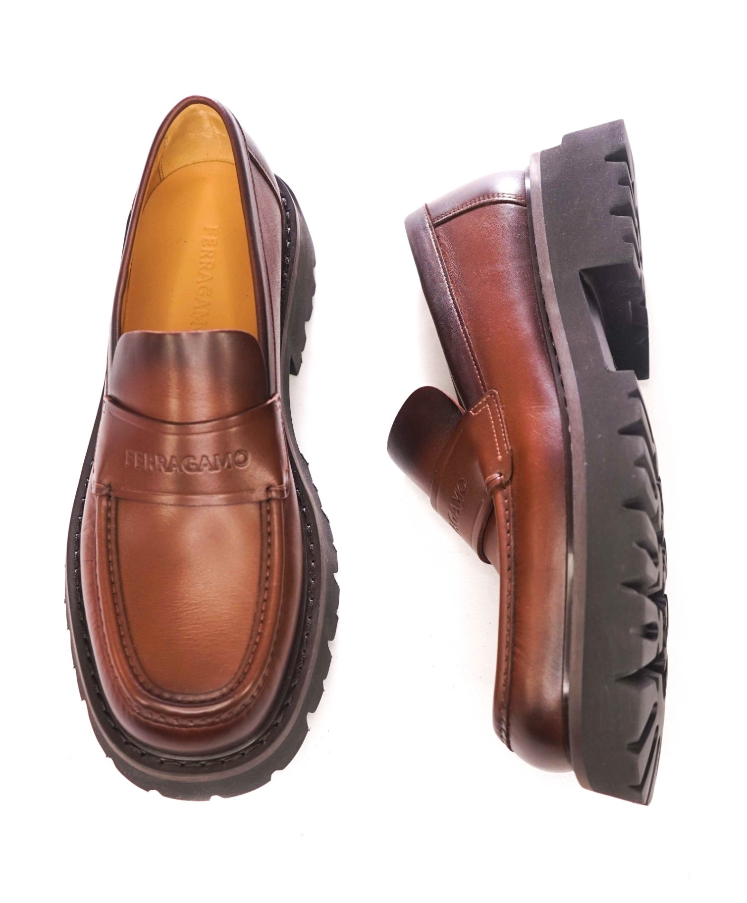 $995 FERRAGAMO - Leather Brown "FERGAL" Lug Sole Loafers - 10 EE