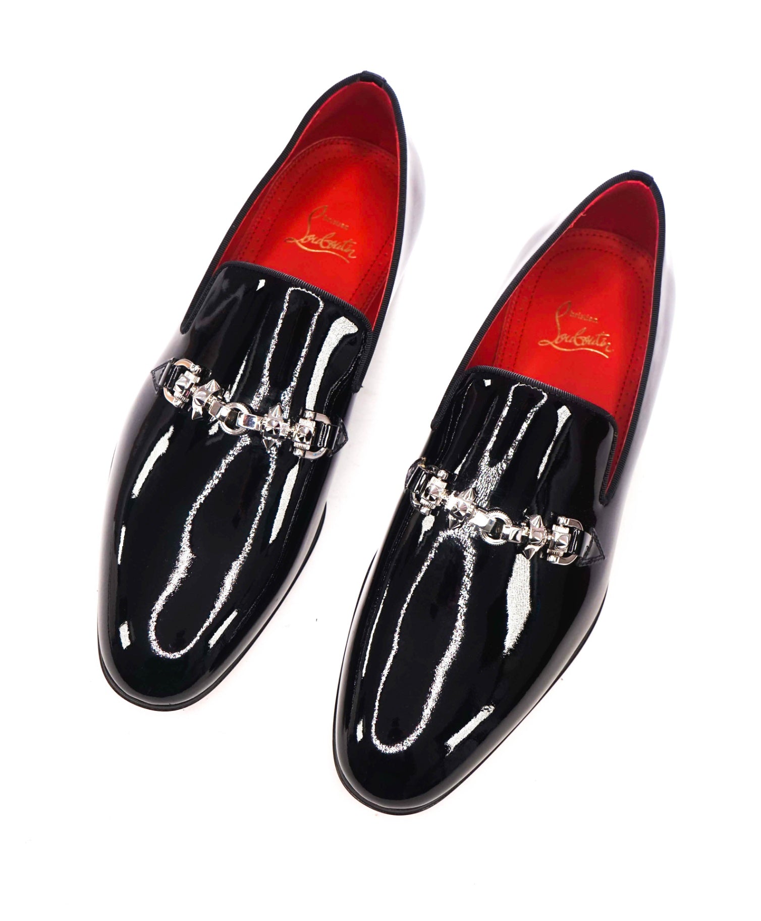 $1,725 CHRISTIAN LOUBOUTIN - Black Patent Leather "EQUISWING" Loafers - US 7.5 (40.5EU)
