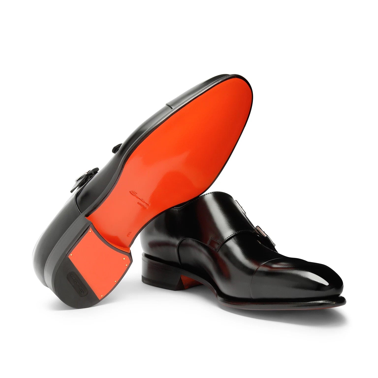 $1,595 SANTONI - Black "GOODYEAR" Leather Monk Straps - US 10 (9UK)