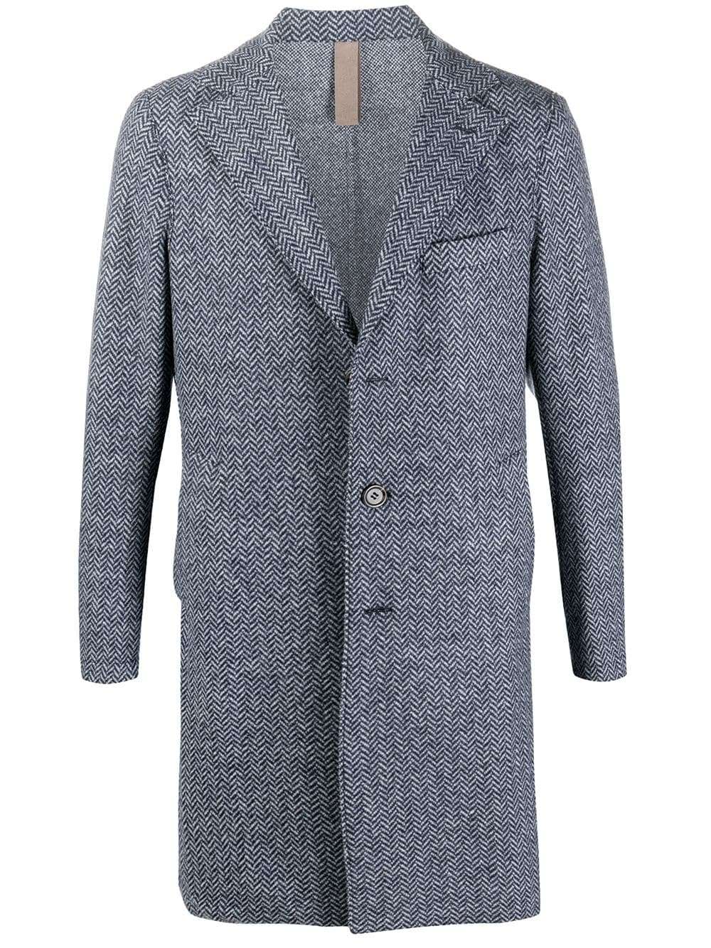 ELEVENTY - Blue Herringbone Suede Detail Logo Button Coat - 44R (54 EU)