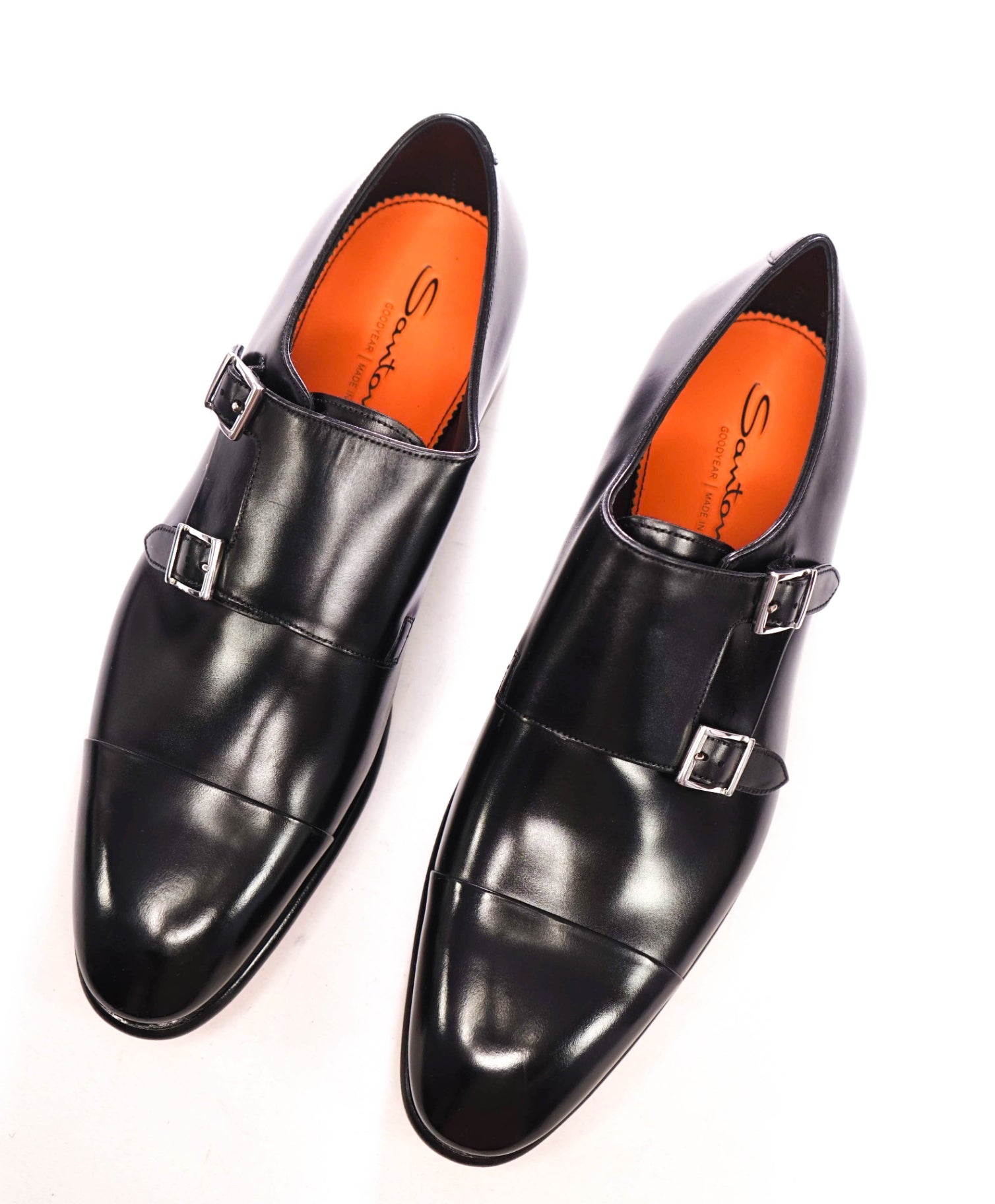 $1,595 SANTONI - Black "GOODYEAR" Leather Monk Straps - US 10 (9UK)