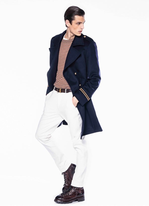 $2,000 ELEVENTY - Navy/Gold CASHMERE/Wool Pilot/Aviator Overcoat - 40R (50 EU)