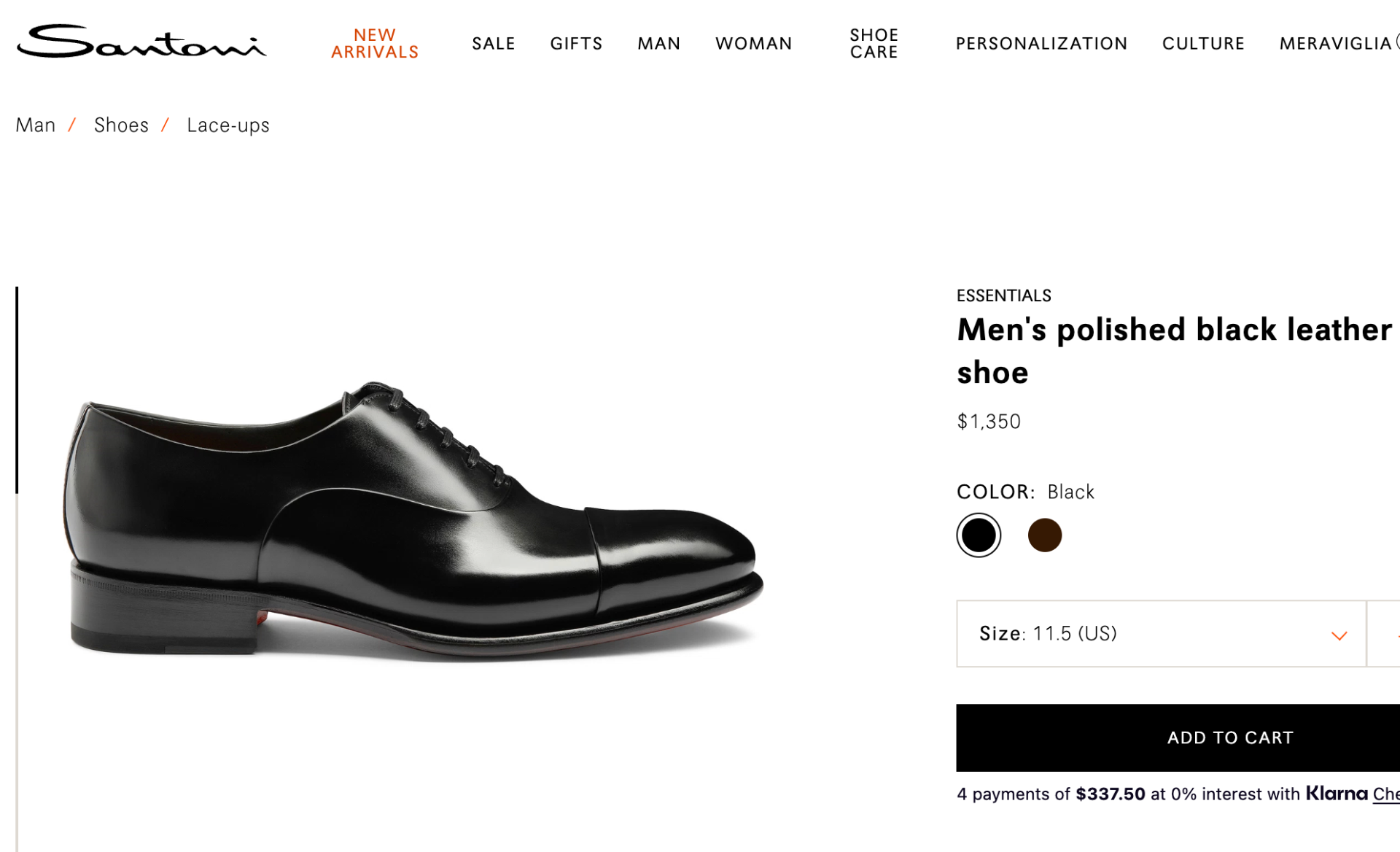 $1,150 SANTONI - Black "GOODYEAR" Leather Oxfords - US 11.5 (10.5UK)