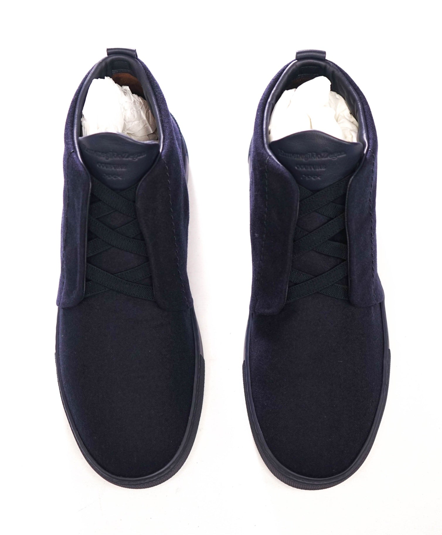 $850 ZEGNA - Navy Triple Stitch High-Top Flannel Sneakers - US 9 (8UK