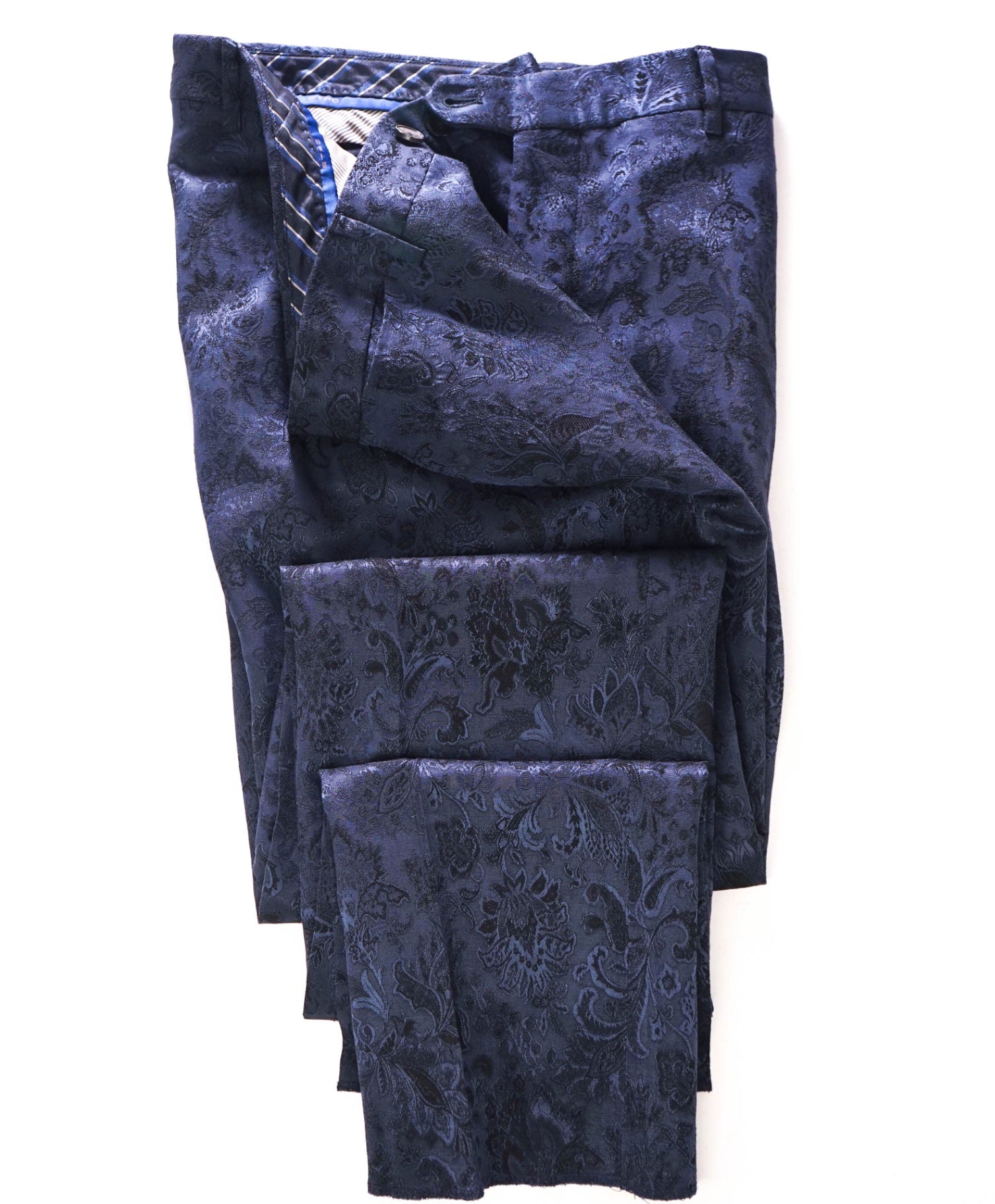 $790 ETRO - Jacquard Navy Blue Floral Wool/Silk Slim-Fit Pants - 37W