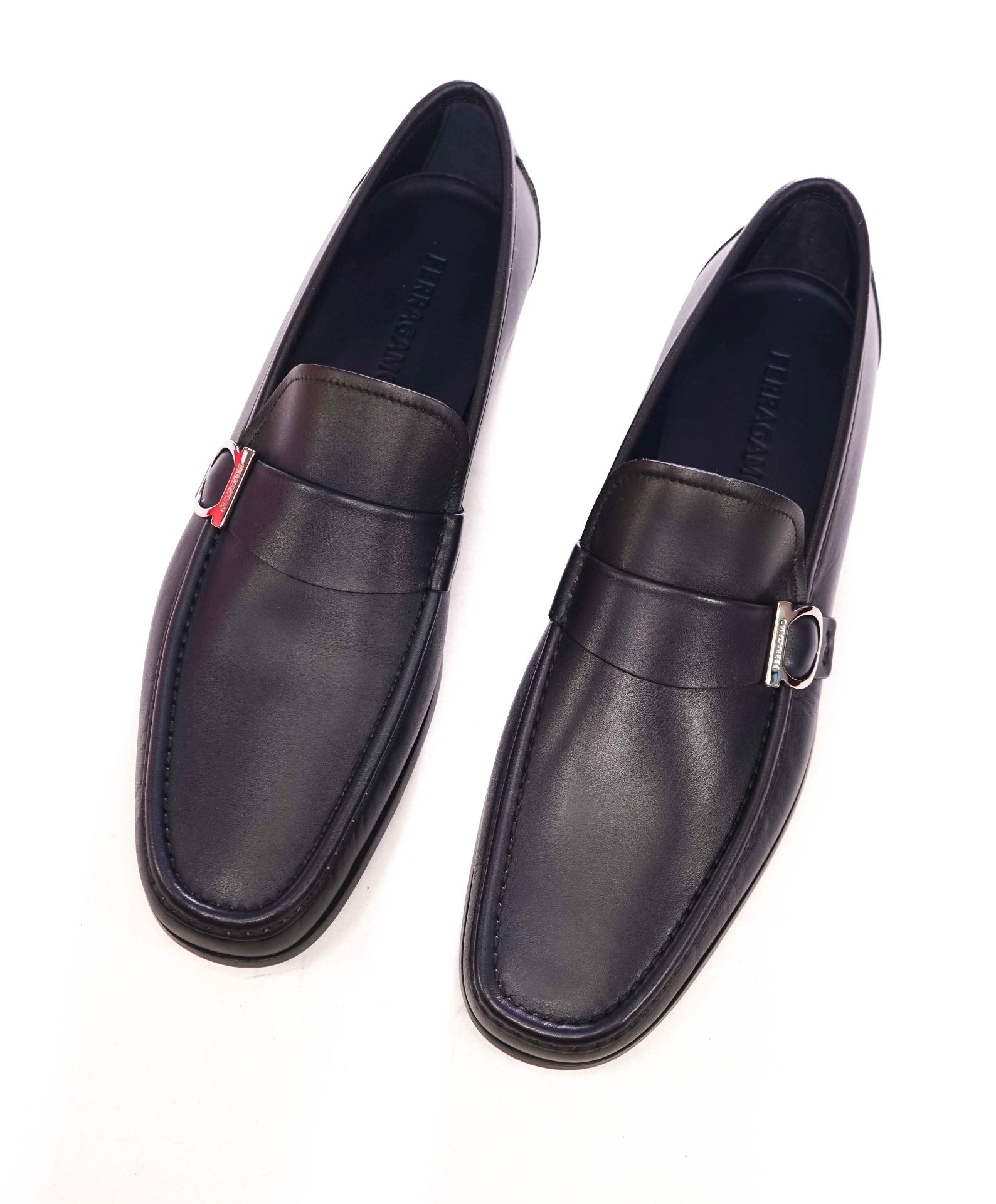 $850 FERRAGAMO - Midnight Blue Leather "DUOMO" Loafers - 9 E