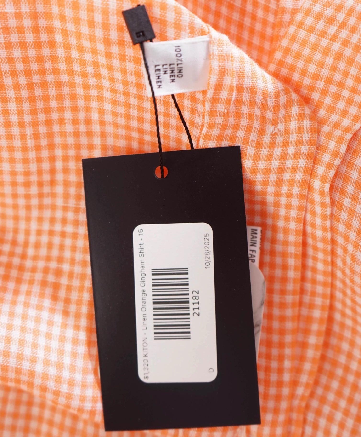 $1,320 KITON - Linen Orange Gingham MOP Button Shirt - 16 (41)