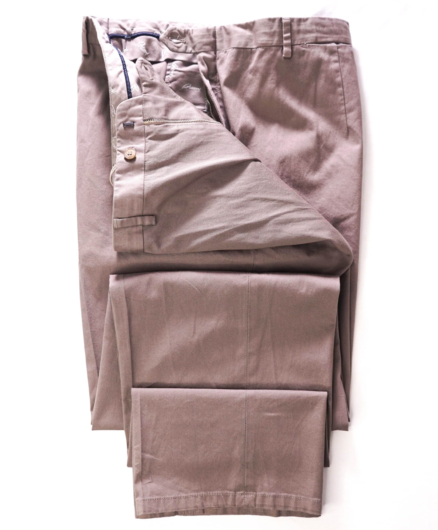 $995 BRIONI - Solid Gray/Brown Cotton Flat Front Pants - 42W