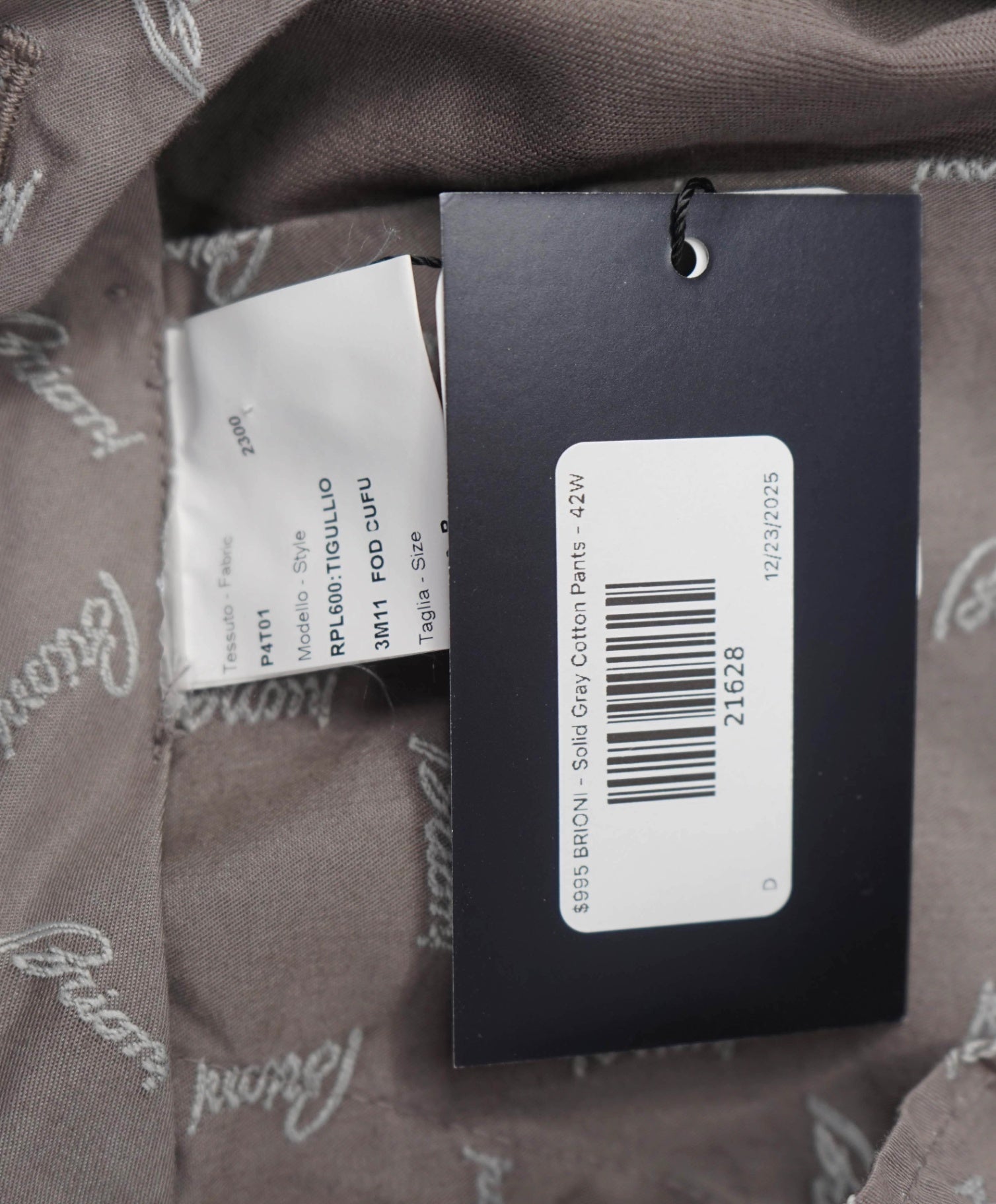 $995 BRIONI - Solid Gray/Brown Cotton Flat Front Pants - 42W