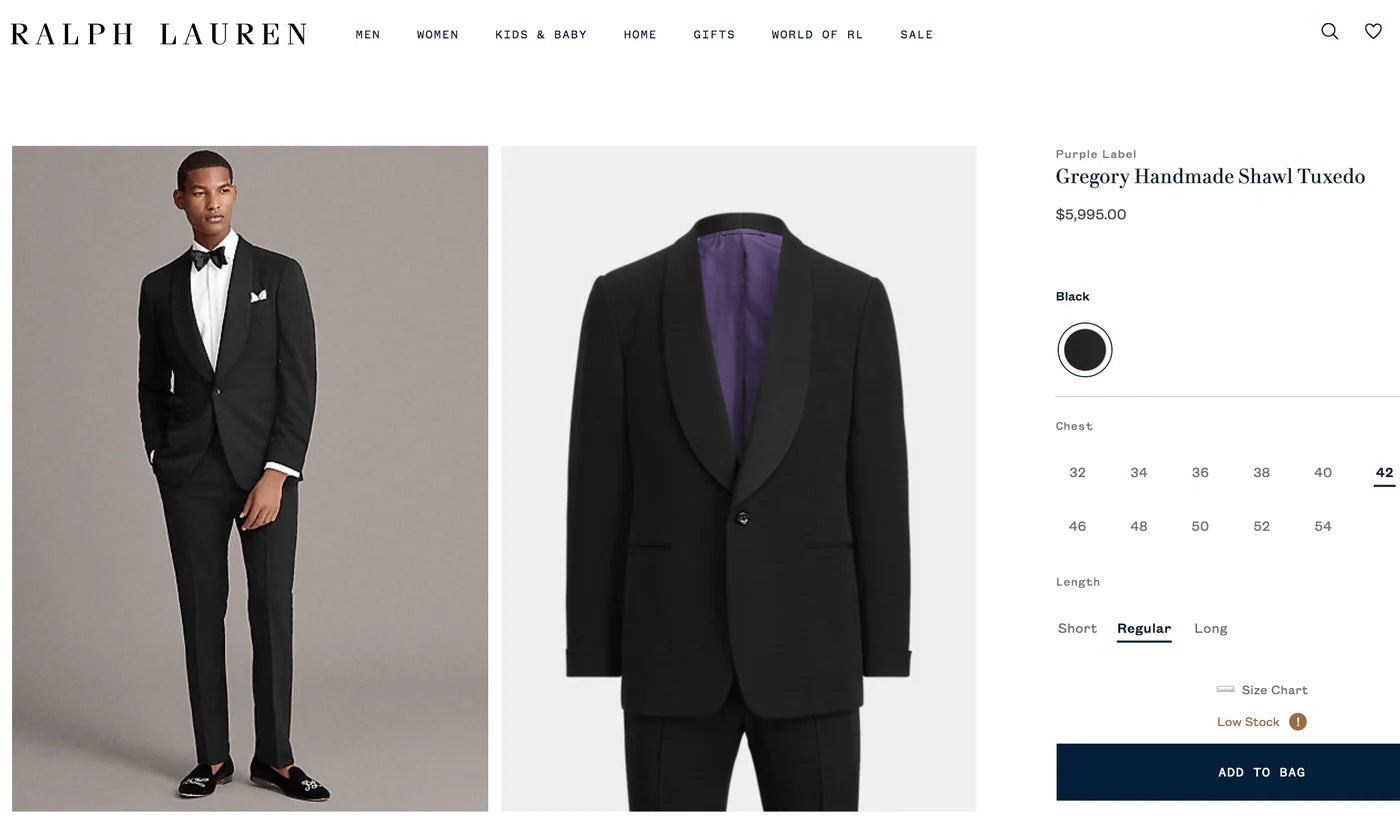 $5,995 RALPH LAUREN PURPLE LABEL - Black Shawl Collar Tuxedo - 42L