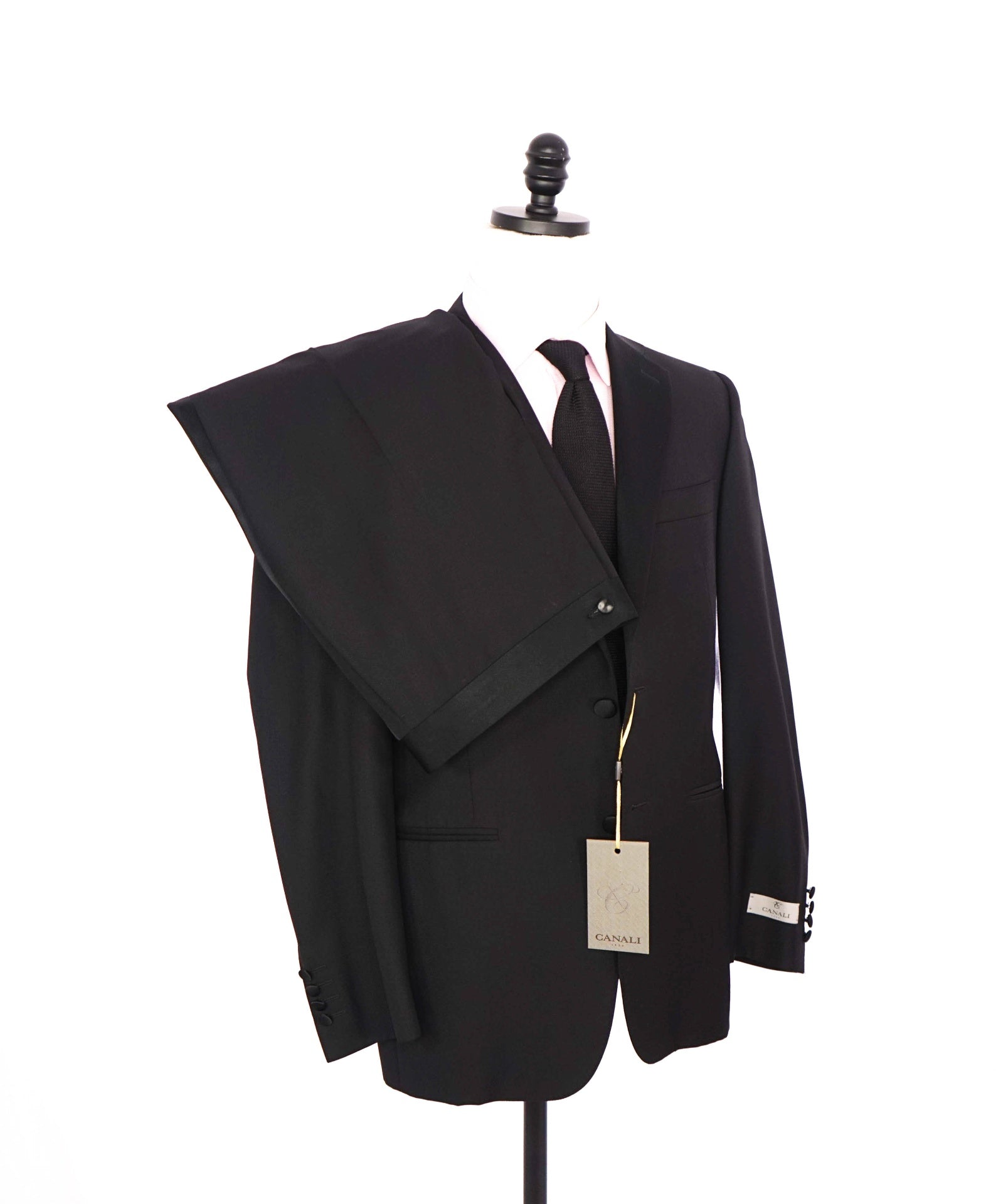 $2,195 CANALI - Solid Black Wool Notch Lapel Tuxedo - 38R US