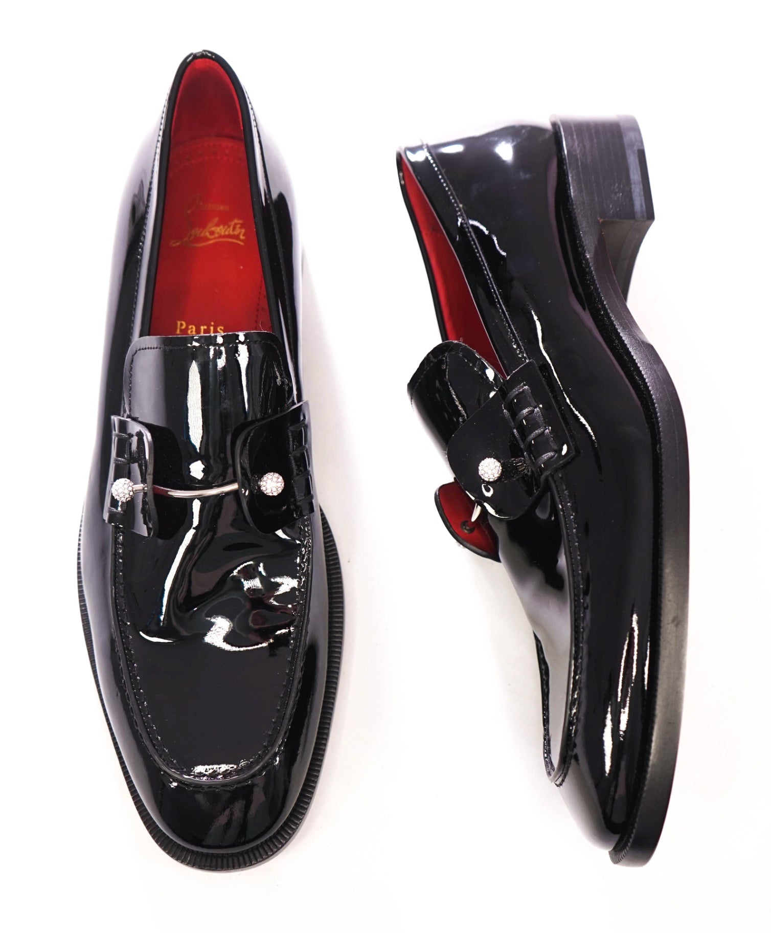 $1,295 CHRISTIAN LOUBOUTIN - *CHAMBELIMOC NIGHT STRASS* Black Patent Leather Loafers - US 10 (43EU)