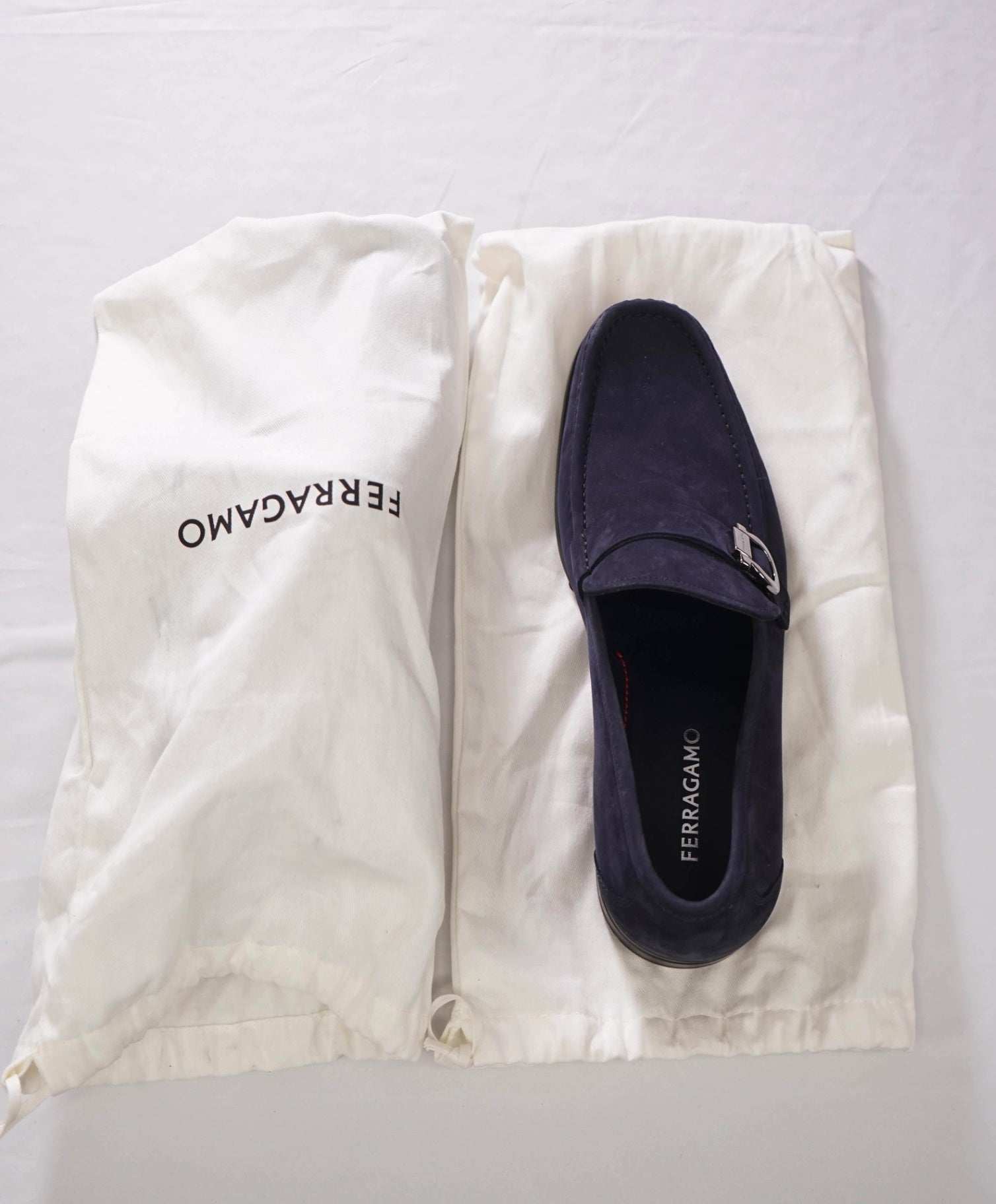 $950 FERRAGAMO - Navy Blue Suede "CASPIAN" Loafers - 11 E