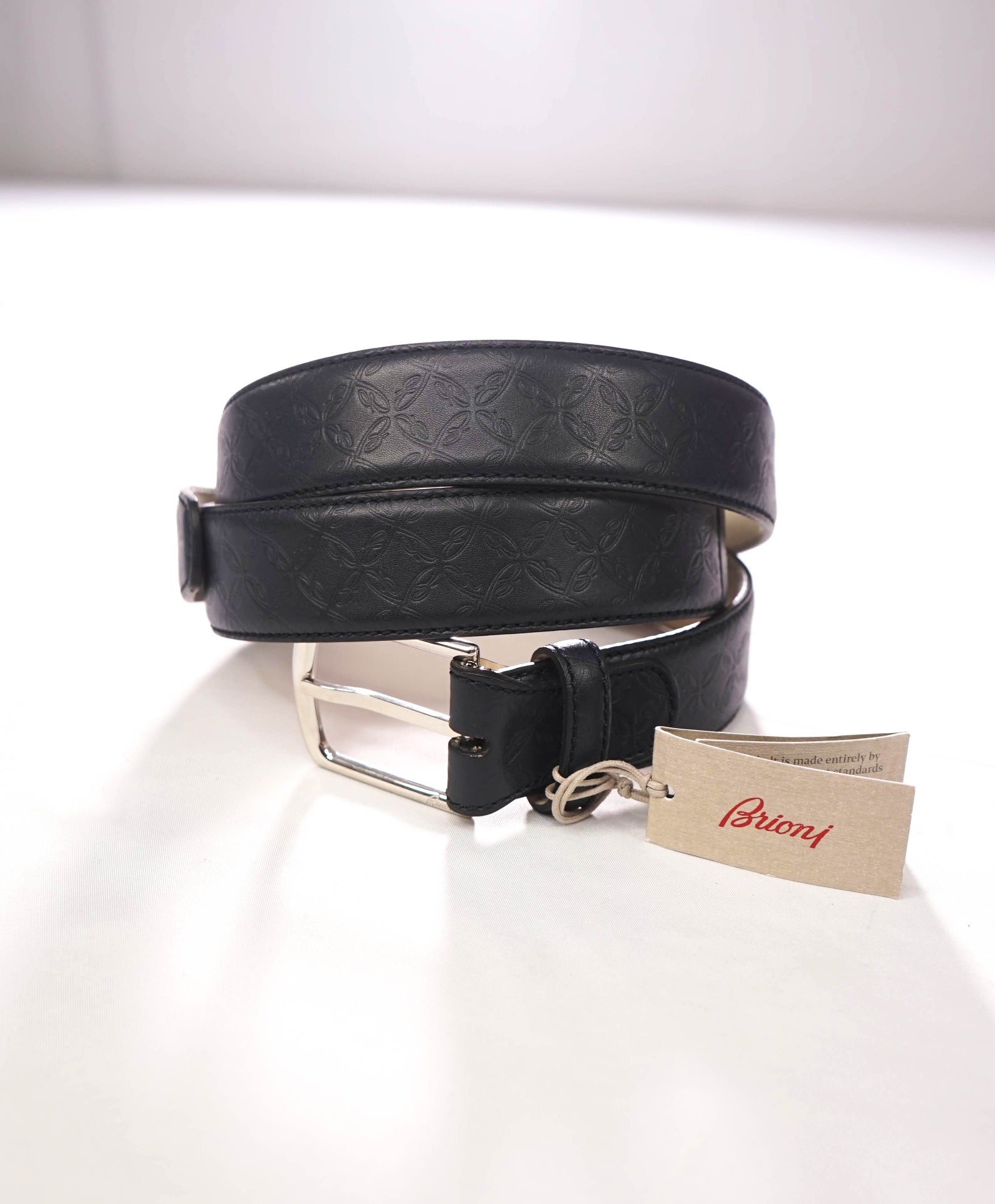 $850 BRIONI - Navy Blue Logo Texture Genuine Leather Belt - 43W