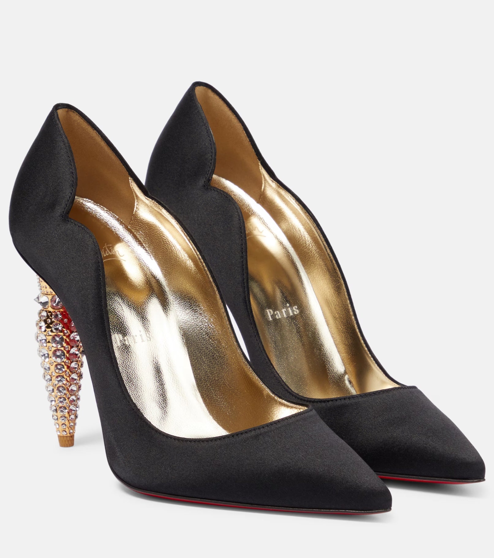 $1,495 CHRISTIAN LOUBOUTIN - Black Satin Crystal Embellished 100mm *HOT CHICK* Pumps - US 7 (37EU)